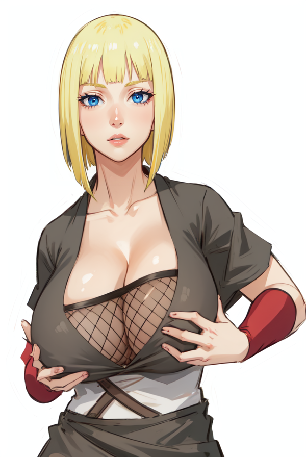 1girls, ai generated, big breasts, blonde hair, blue eyes, blunt bangs, bob cut, breast grab, breasts, cleavage, clothing, dress, dtz (artist), female, female only, grabbing own breast, hourglass figure, huge breasts, kunoichi, large breasts, long hair, looking at viewer, mature, mature female, nai diffusion, naruto, naruto (series), naruto shippuden, ninja, no bra, oppai, pinup, plump, sagging breasts, samui, solo, solo focus, stable diffusion, upper body, voluptuous, voluptuous female
