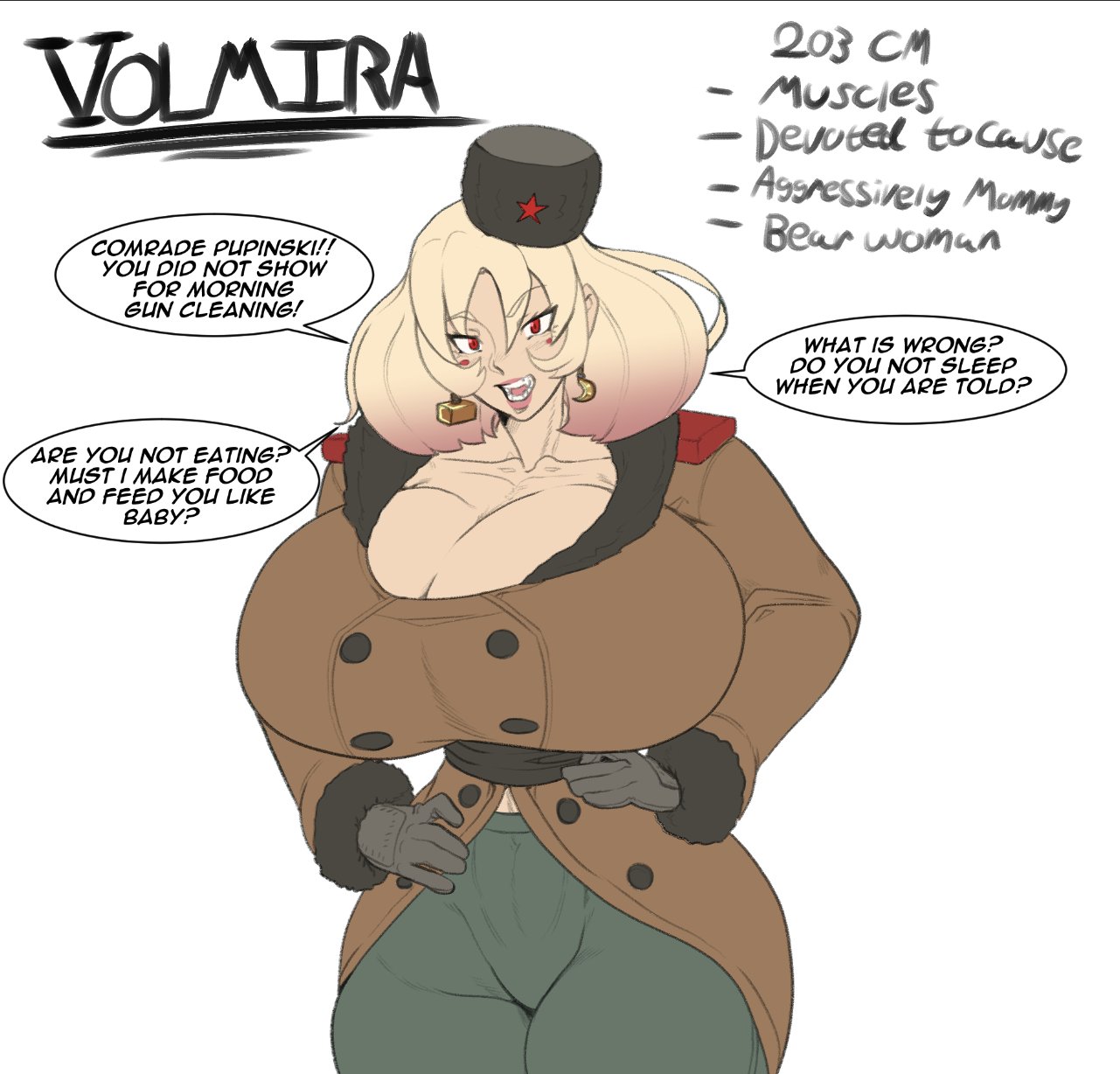 1girls, big breasts, blonde hair, boob window, breasts, cleavage, coat, communism, earrings, female, fur trim, gloves, hat, huge breasts, military, military uniform, pink hair, red eyes, russian, solo, the varking, two-tone hair, ushanka
