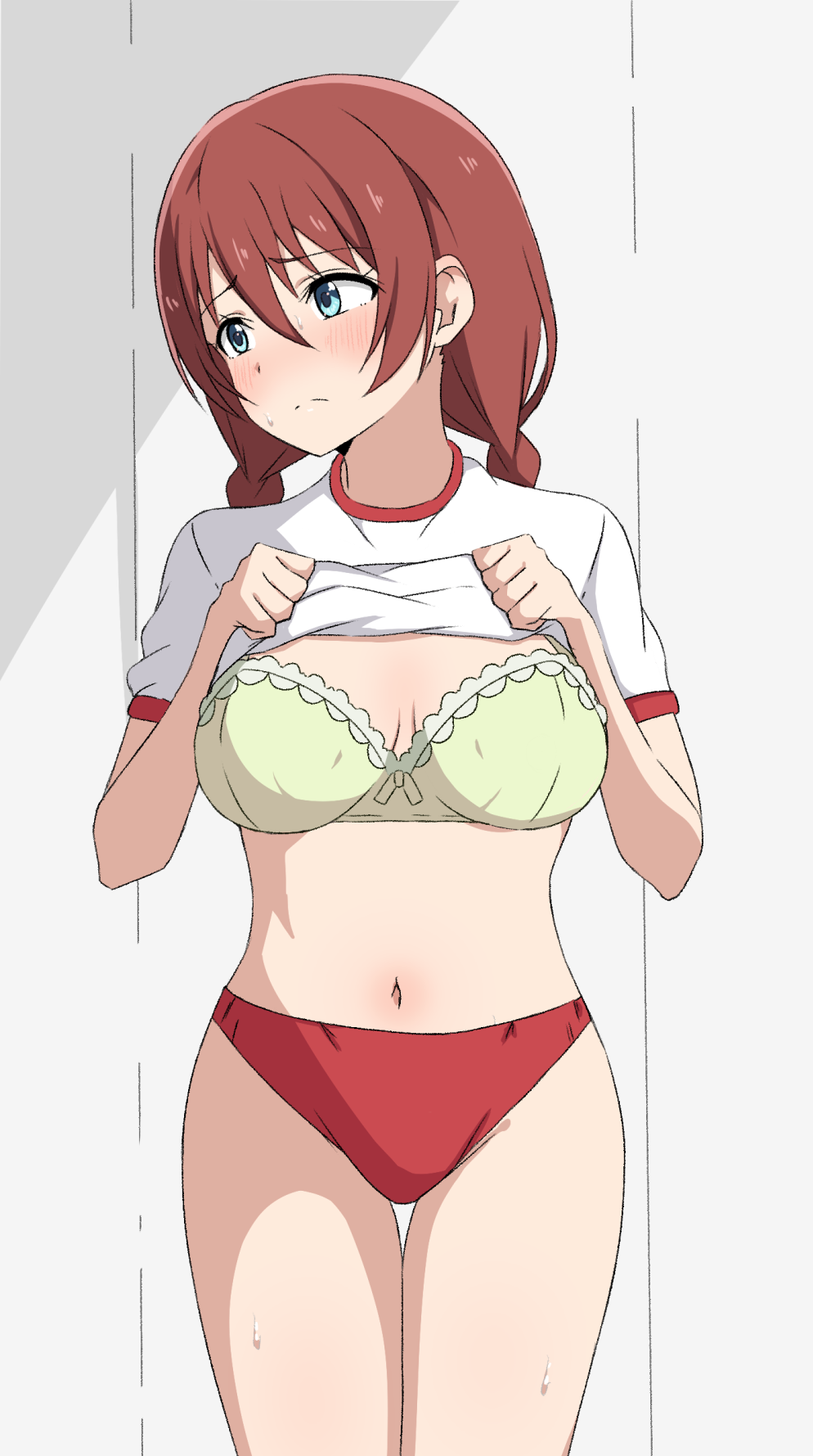 bloomers blue_eyes blush bra buruma embarrassed emma_verde flashing goa1126 gym_uniform large_breasts lifting_shirt looking_away love_live! love_live!_nijigasaki_high_school_idol_club red_hair sweat