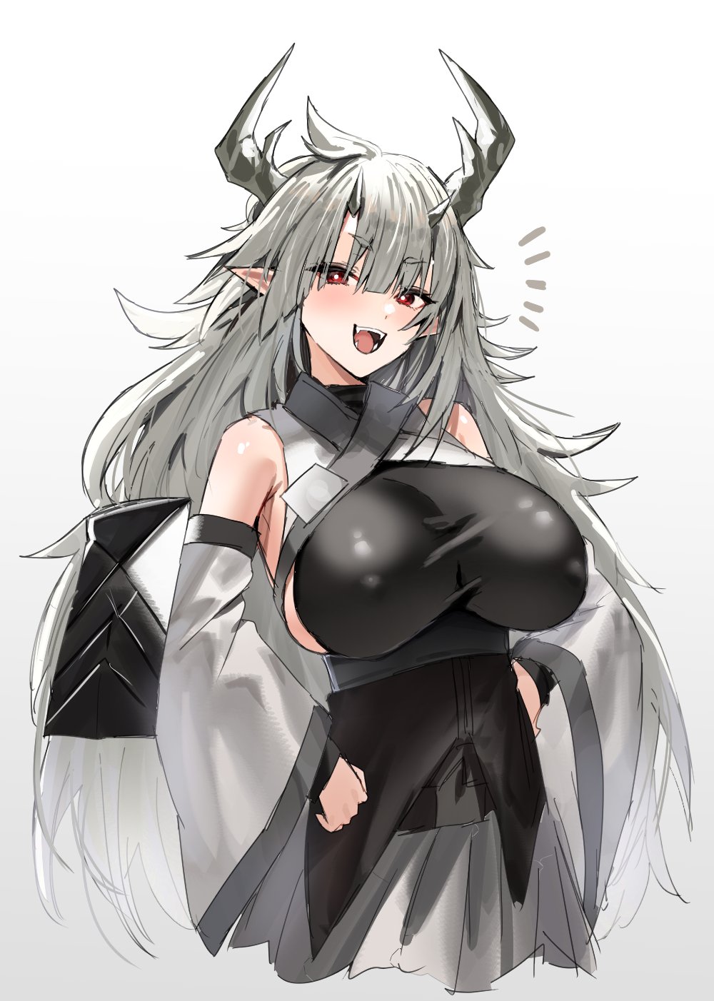 1girls arknights breasts detached_sleeves fangs female female_focus female_only happy horn/wood horns huge_breasts large_breasts light-skinned_female light_skin long_hair looking_at_viewer matoimaru_(arknights) nipple_bulge pointy_ears red_eyes smile smiling smiling_at_viewer tagme tight_shirt white_hair