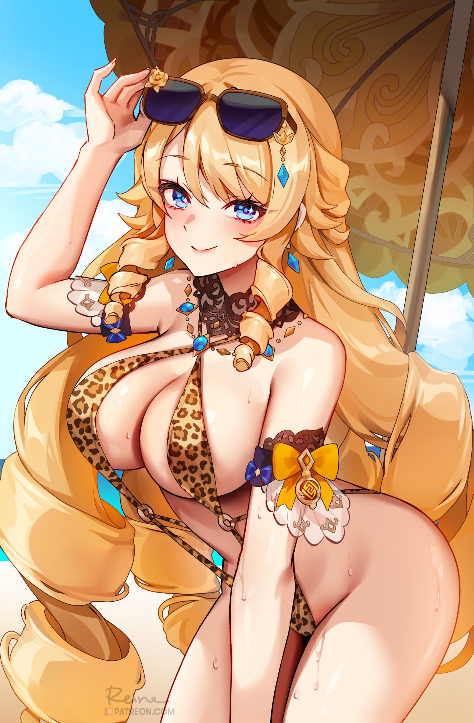 1girls, blonde hair, blue eyes, breasts, eyewear on head, female, fontaine girls, foxy rain (foxyreine), foxyrain (foxyreine), foxyreine, genshin impact, hi res, hips, huge breasts, long hair, naughty face, navia (genshin impact), solo female, sunglasses on head, swimsuit, thick thighs, thighs, wide hips