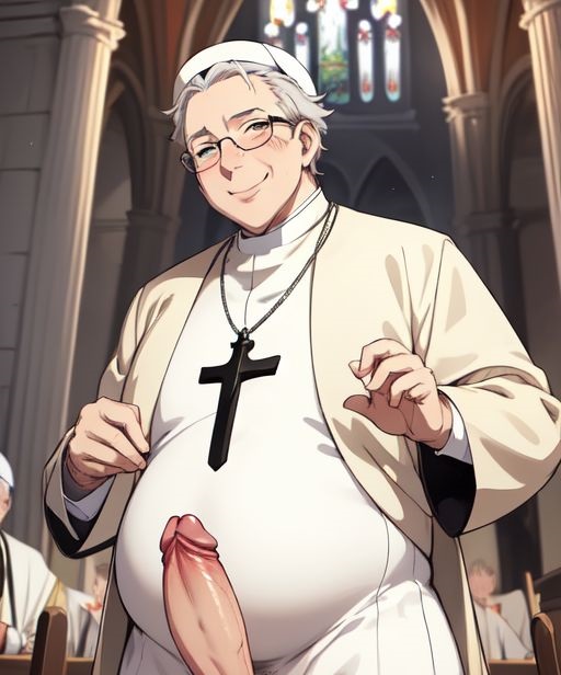 2024 ai_generated belly blush christianity church clothed cross daddy erection glasses gordon_the_organist grey_hair male_only older_male penis presenting_penis priest stable_diffusion