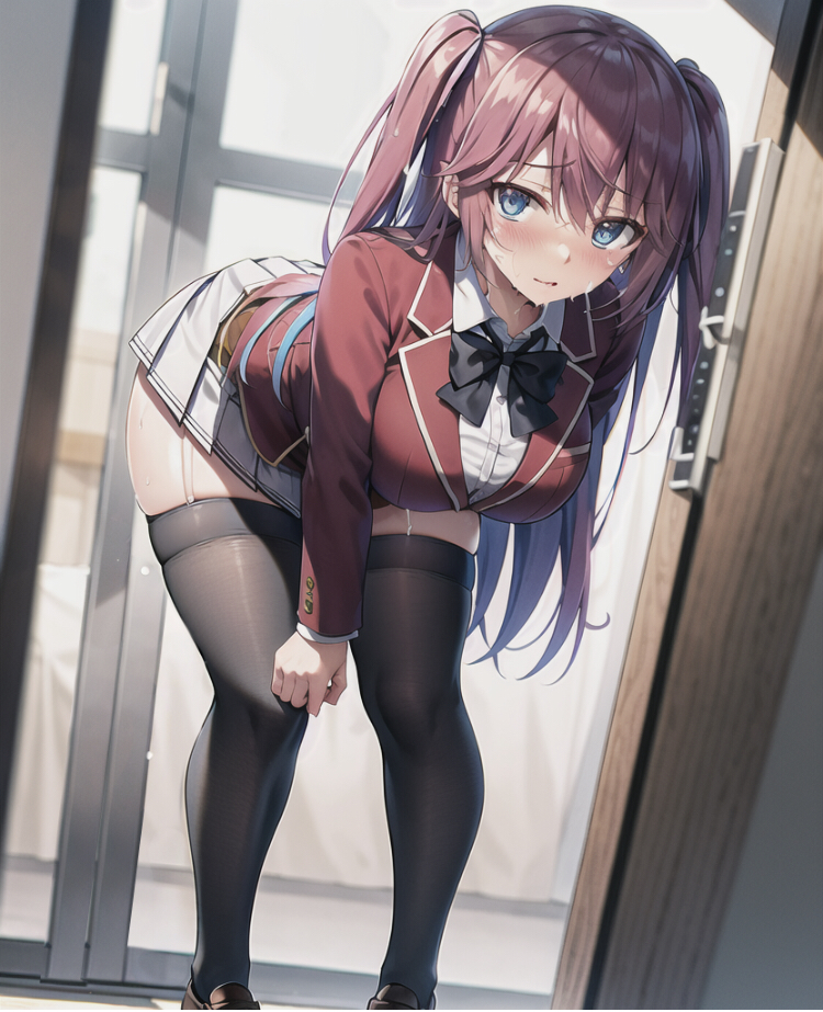 1girls ai_generated black_leggings black_ribbon blue_eyes classroom_of_the_elite female looking_at_viewer pink_hair red_blazer sakura_airi school_uniform schoolgirl solo_female solo_focus white_skirt youkoso_jitsuryoku_shijou_shugi_no_kyoushitsu_e