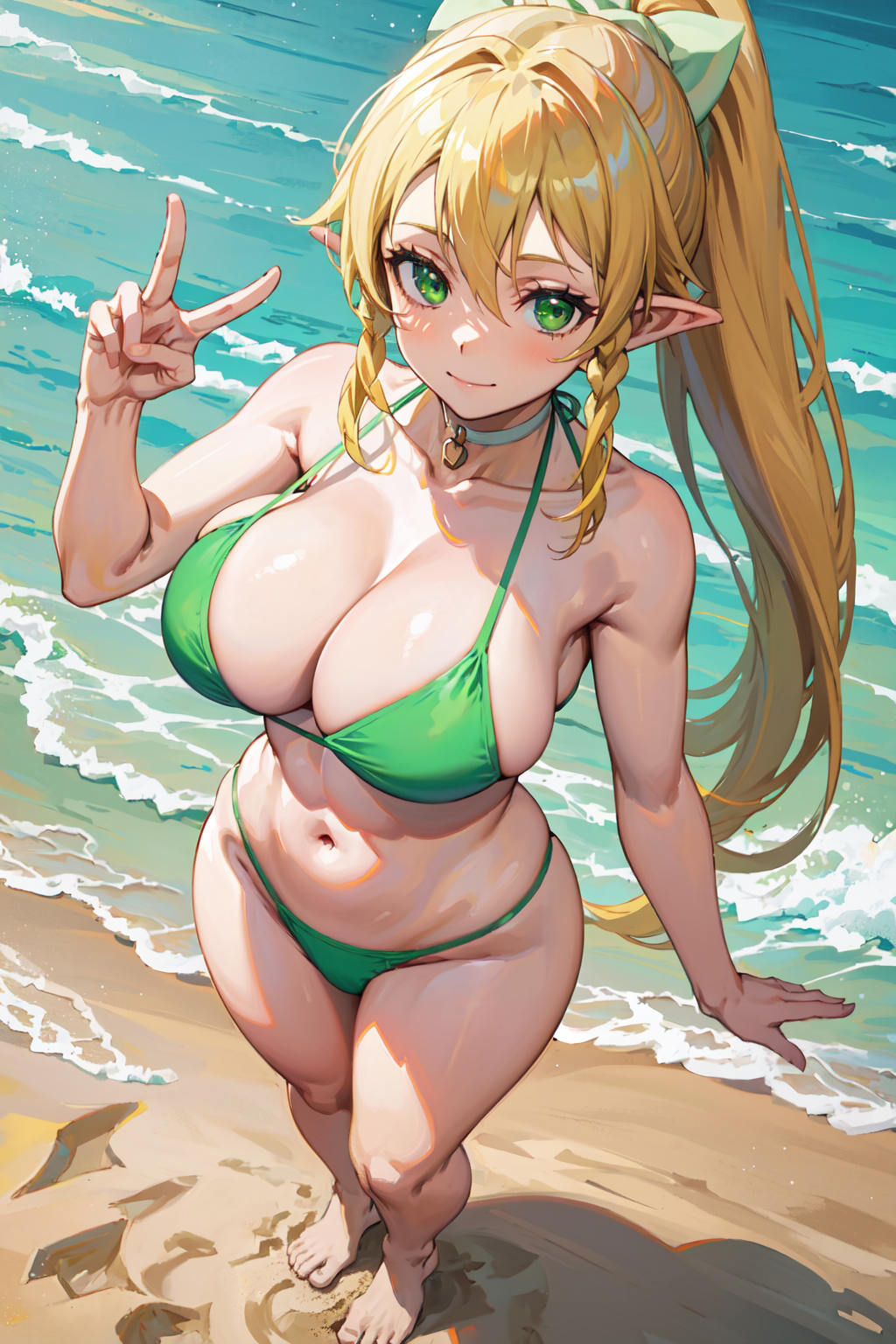 abdomen ai_generated beach_background bikini blonde_hair blush breasts female green_eyes hi_res huge_breasts kirigaya_suguha leafa looking_at_viewer mako_(artist) navel peace_sign ponytail pose ribbon smile solo sword_art_online