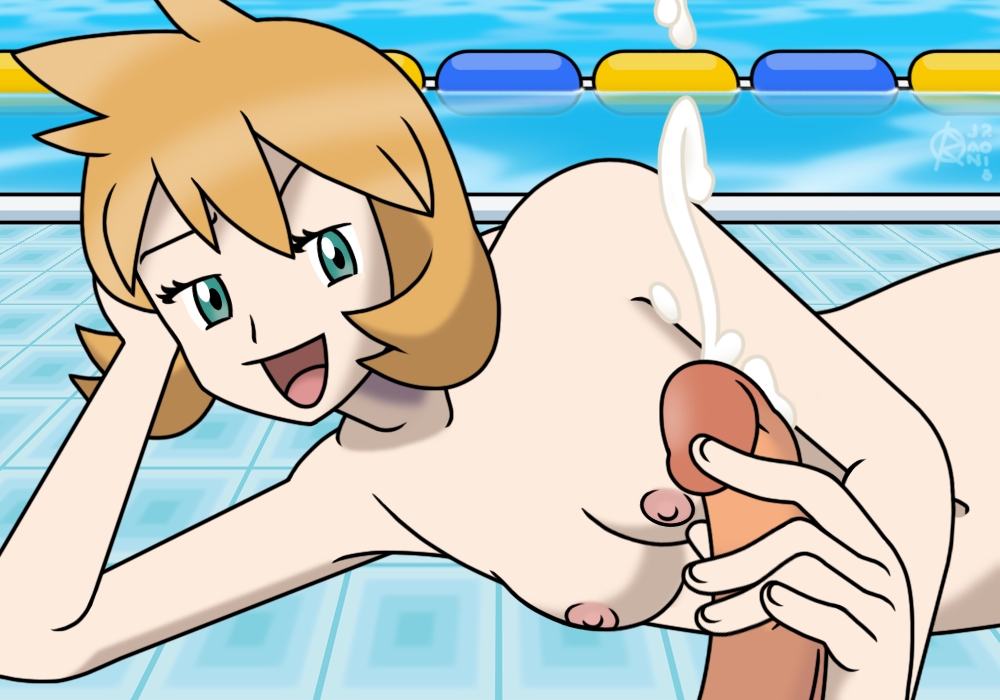 1boy 1girls areolae breasts cum green_eyes handjob kasumi_(pokemon) looking_at_viewer nintendo nipples nude orange_hair partial_male penis pokemon pokemon_frlg pokemon_rgby ragnar_oktopod seductive small_breasts