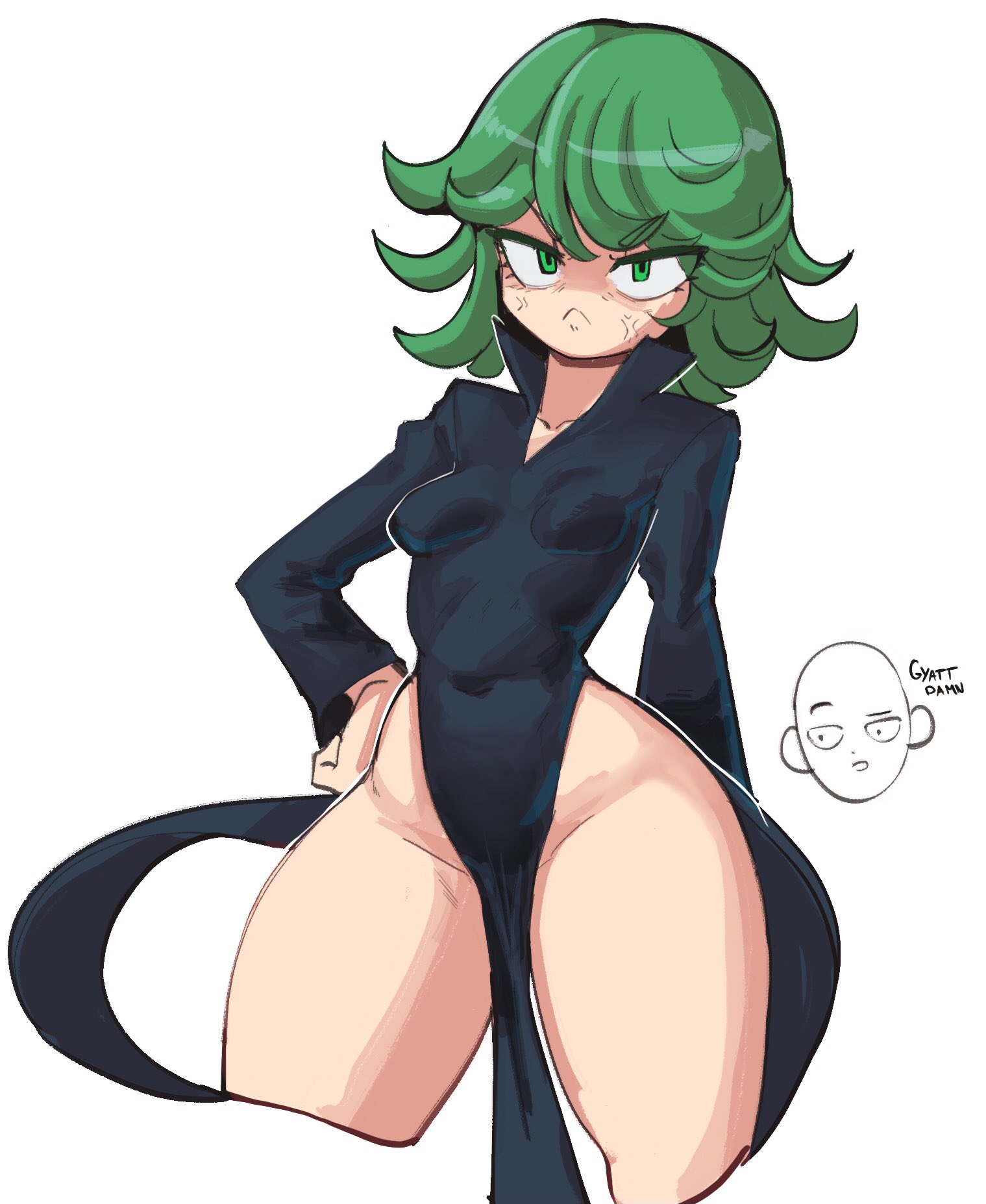 1girls, female, female focus, female only, green hair, nudiedoodles, one-punch man, short hair, solo focus, tatsumaki, thick hips, thick thighs, wide hips, wide thighs