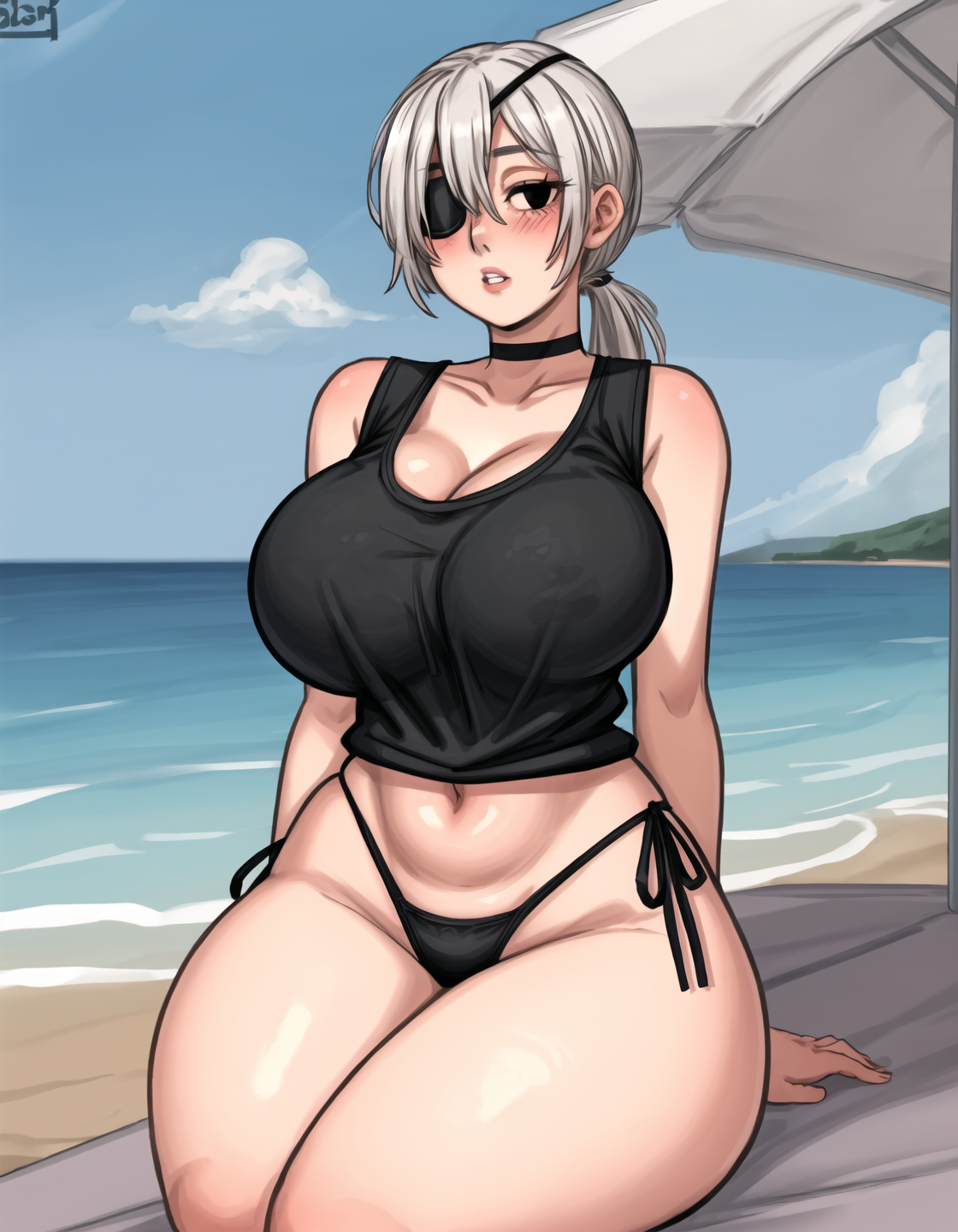 ai generated, beach, bikini, bikini bottom, black topwear, breasts, chainsaw man, choker, curvy, curvy female, eyepatch, female, gardener ai, highleg bikini, highleg panties, hourglass figure, large breasts, legs, long hair, midriff, navel, no pants, panties, ponytail, quanxi (chainsaw man), revealing clothes, seaside, sitting, skimpy, stable diffusion, string bikini, string panties, swimsuit, tank top, thick thighs, thin waist, thong, white hair, wide hips