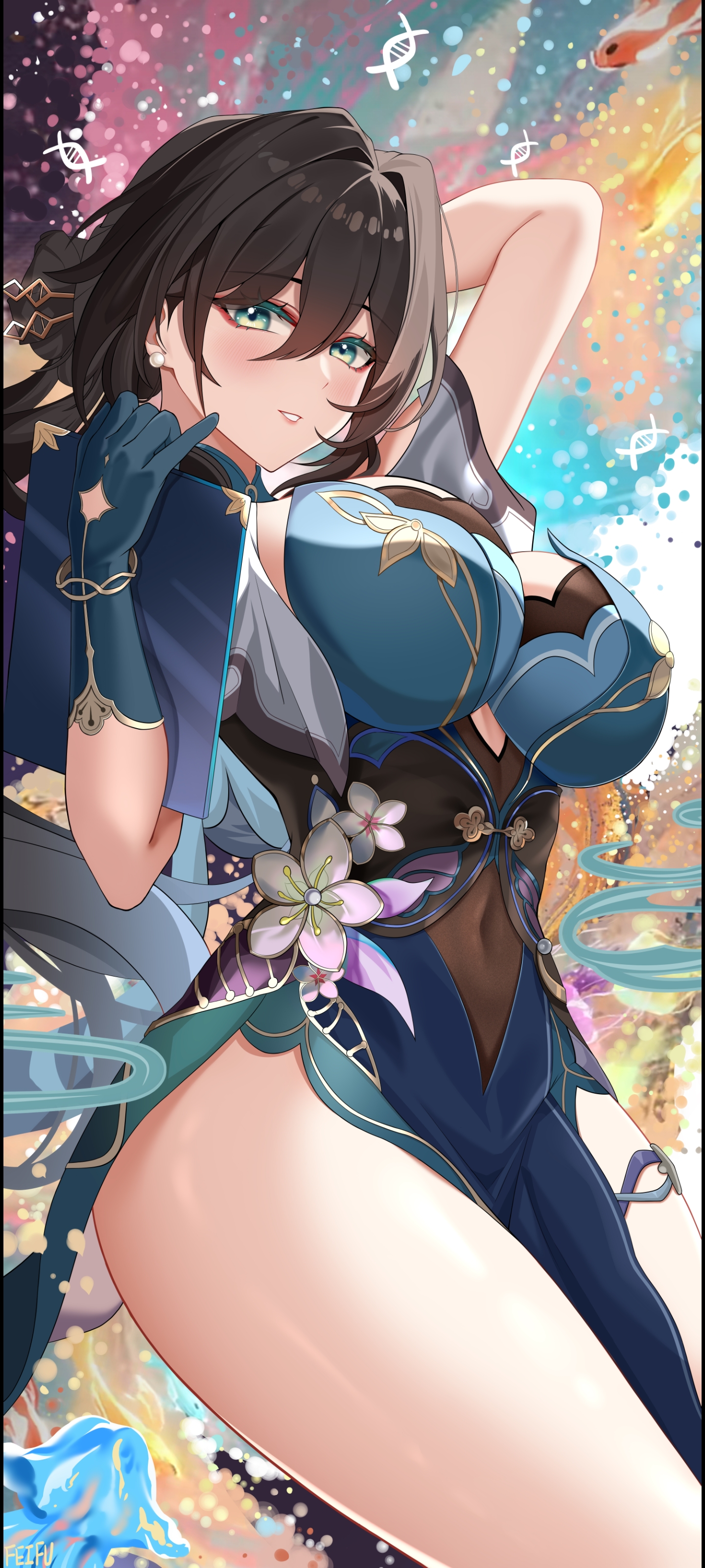 aqua dress, aqua eyes, arm up, black hair, breasts, chinese clothes, covered navel, cowboy shot, dress, eyeshadow, feifu, female, general, grin, hair, hand up, holding, honkai (series), honkai: star rail, hoyoverse, large breasts, long, looking at viewer, makeup, parted lips, pelvic curtain, ruan mei (honkai: star rail), short sleeves, smile, solo, thighs