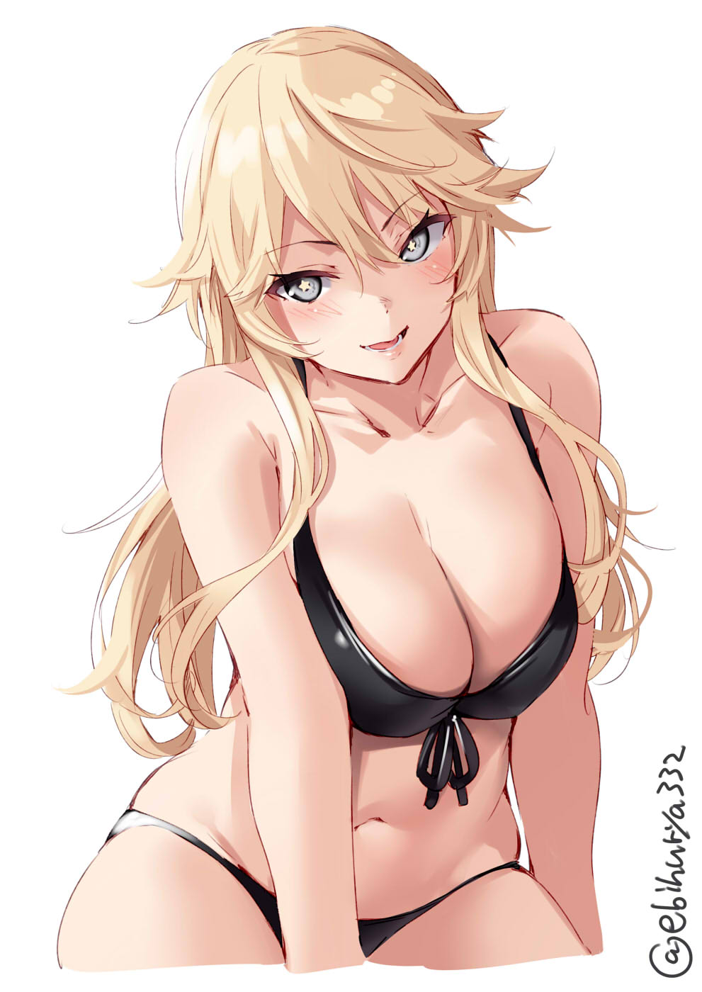 bikini black_bikini blonde_hair blush breasts collarbone cowboy_shot ebifurya female front-tie_bikini_top front-tie_top grey_eyes highres iowa_(kantai_collection) kantai_collection large_breasts light_blush lips long_hair navel one-hour_drawing_challenge seducing seductive seductive_look seductive_mouth seductive_pose seductive_smile solo star-shaped_pupils star_(symbol) stomach string_bikini swimsuit symbol-shaped_pupils twitter_username white_background