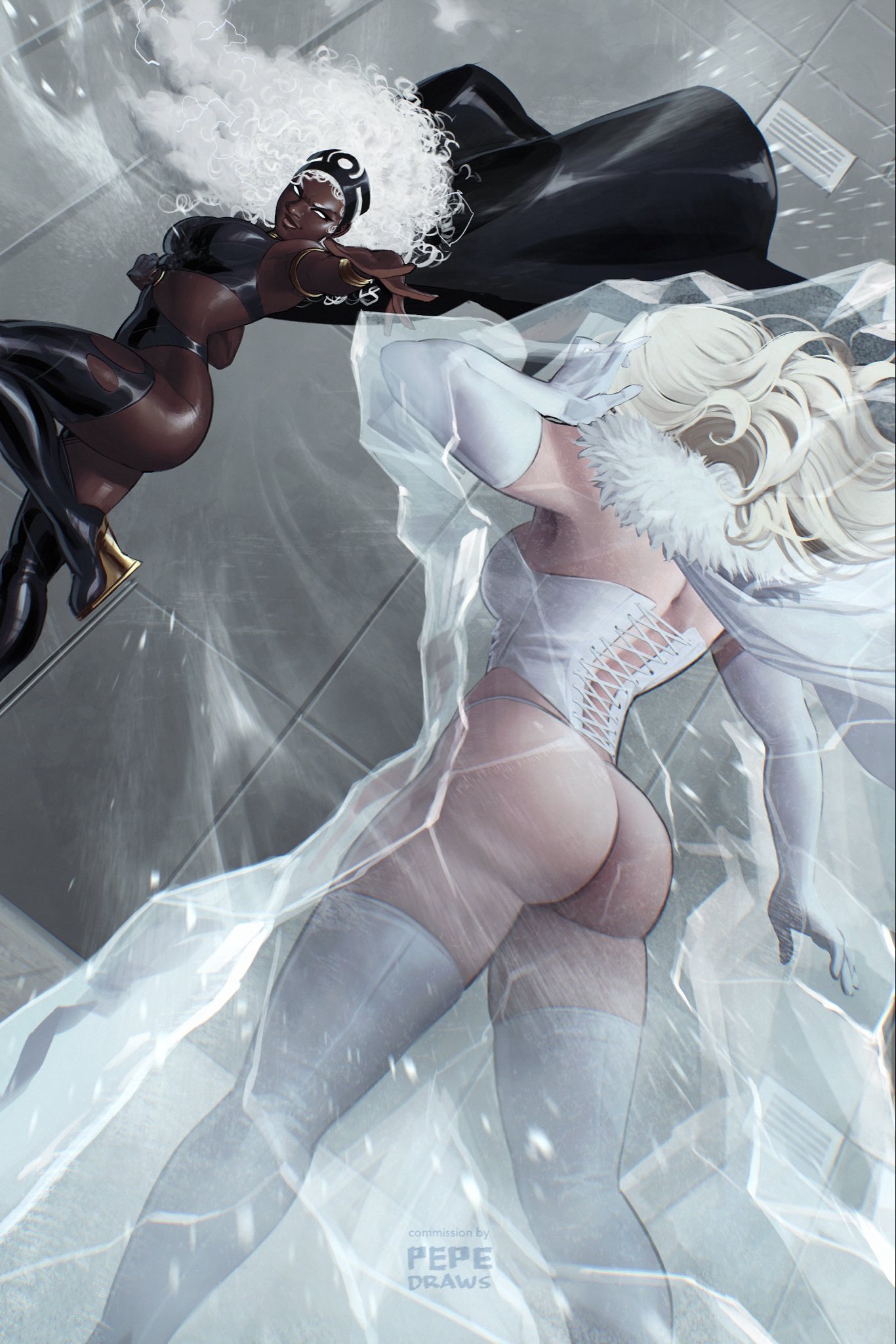 2girls, ass, ass focus, big ass, blonde hair, butt, danger room, dark skin, dark-skinned female, dynamic pose, emma frost, female, female only, fight, fighting, flying, ice, light skin, light skinned female, marvel, marvel comics, mutant (marvel), ororo munroe, pepedraws, perfect ass, revealing clothes, storm (x-men), thick ass, thick butt, thick thighs, thighhighs, thighs, white hair, x-men