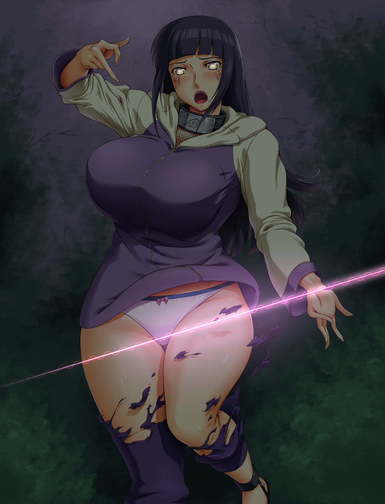 1girls, ameoto, breasts, choker, exposed, female, glowing eyes, huge breasts, hyuuga hinata, large breasts, long hair, naruto, naruto (series), panties, purple hair, solo, torn clothes, torn pants, underwear, wide hips