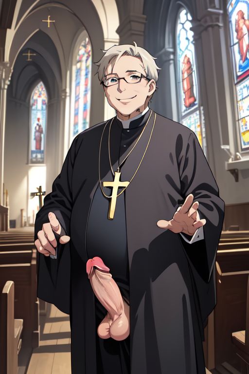 2024 ai_generated balls belly big_penis christianity church clerical_collar cross erection glasses gordon_the_organist male_only older_male penis penis_out presenting_penis priest smiling stable_diffusion