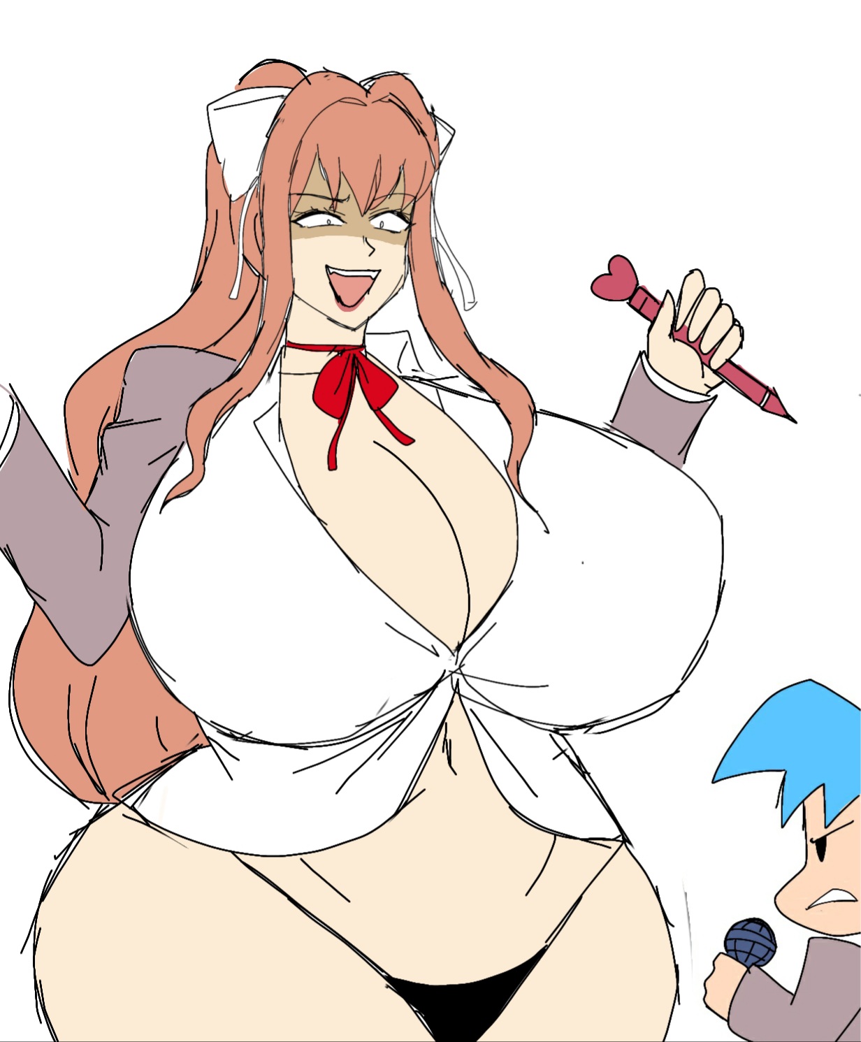 1boy, 1girls, 2023, ass, big ass, big breasts, boob window, boyfriend (friday night funkin), breasts, brunette, brunette hair, cleavage, clothed, crazy eyes, crazy smile, doki doki literature club, female, friday night funkin, friday night funkin (vs monika hd), friday night funkin mod, holding object, holding pen, huge ass, huge breasts, insane, male, momiji (artist), monika (doki doki literature club), monika hd, newgrounds, no bra, no pants, no skirt, school, schoolgirl, sideass, thick thighs