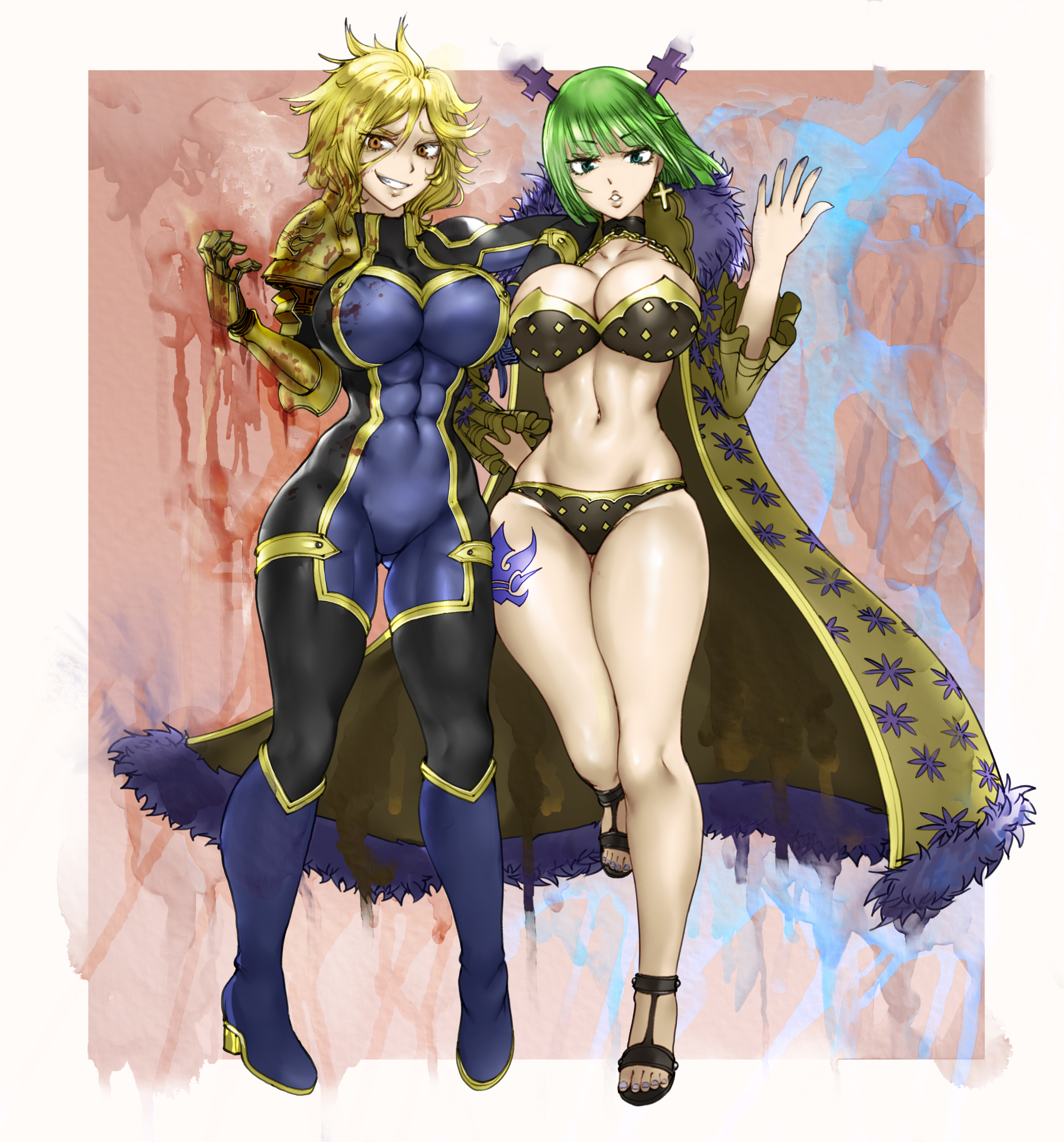 2girls, abs, alvarez empire mark, armor, arms up, big breasts, blonde hair, blonde-haired female, blood, blue tattoo, brandish mew, breasts, clothed, clothing, dimaria yesta, fairy tail, female, female focus, female only, green eyes, green hair, green-haired female, jewelry, large breasts, leg tattoo, looking at viewer, muscular, muscular female, short hair, smile, solo female, tattoo, thegoldensmurf, thick thighs