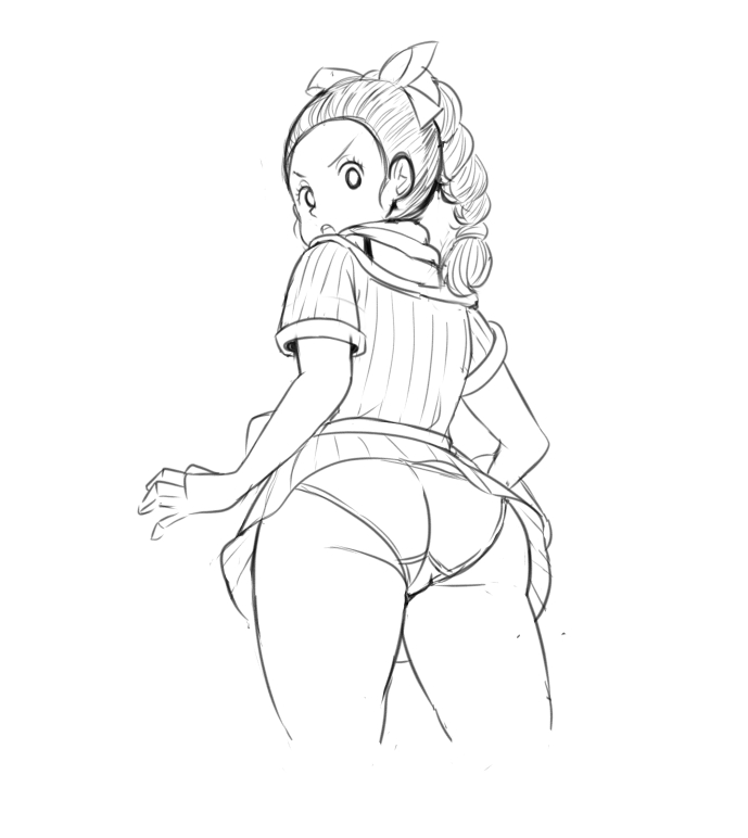 1girls, angry, ass, bulma briefs, clothing, cropped legs, curvy, dragon ball, dress, eyelashes, female, female only, fully clothed, hair ribbon, looking at viewer, looking back, looking down, monochrome, open mouth, panties, pantyshot, ponytail, reach025, ribbon, sexually suggestive, sketch, solo, standing, teenager, thick thighs, underwear, white background, young, younger female