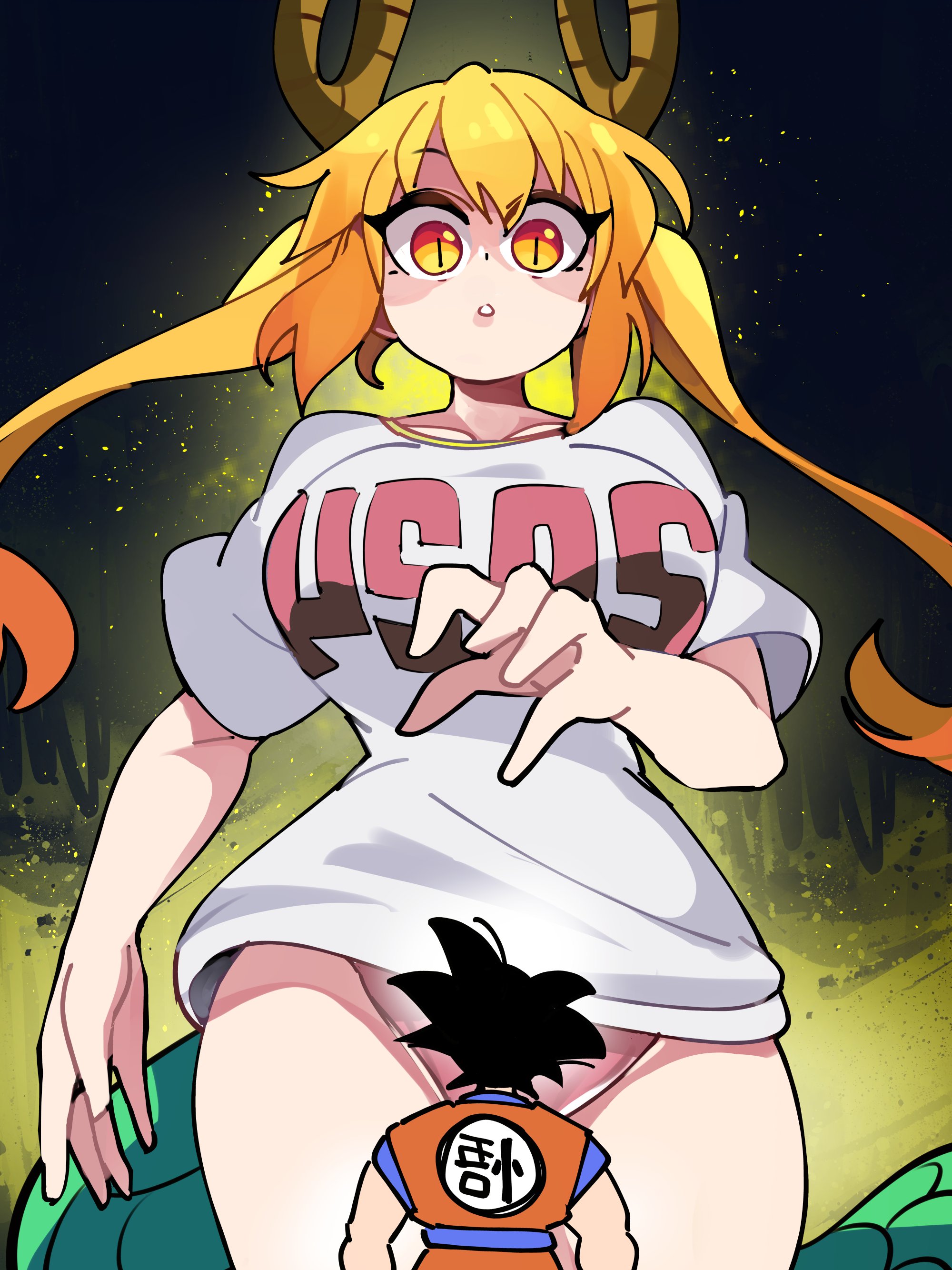 1boy, 1girls, big breasts, bongfillstudent, bongftah, breasts, crossover, dragon ball, dragon girl, dragon horns, female, giantess, hi res, horns, male, miss kobayashi's dragon maid, slit pupils, son goku, t-shirt, tohru (dragon maid), yellow eyes, yellow hair
