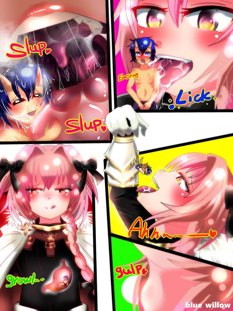 astolfo (fate), fate (series), fate/apocrypha, fate/grand order, femboy, giant, girly, male, male focus, micro, oral vore, stomach, swallowing, trap, vore, yaoi