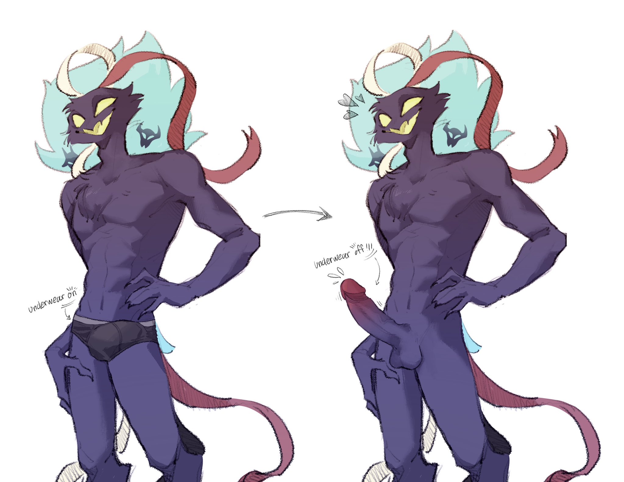 1boy, asmodeus (helluva boss), balls, birdpopo, bulge, demon, erection, helluva boss, male, muscular, naked, nude, penis, solo, solo focus, solo male, standing, text, underwear