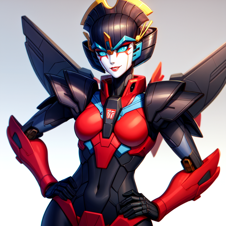 ai_generated female female_only hands_on_hips pixai robot sassy smirk solo solo_female transformers windblade