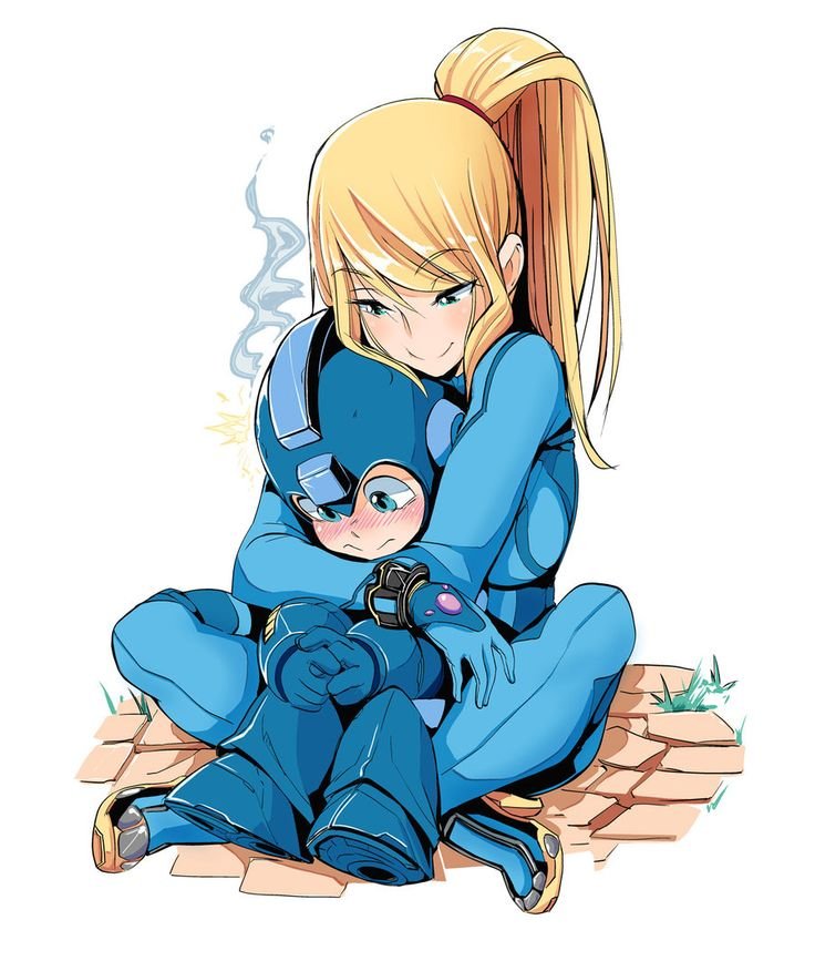 ara_ara blonde_female blonde_hair blue_eyes blush breast_squish breasts cute hug hug_from_behind larger_female mega_man mega_man(classic) mega_man_(character) metroid nisego rockman rockman_(character) samus_aran size_difference smiling steam zero_suit zero_suit_samus