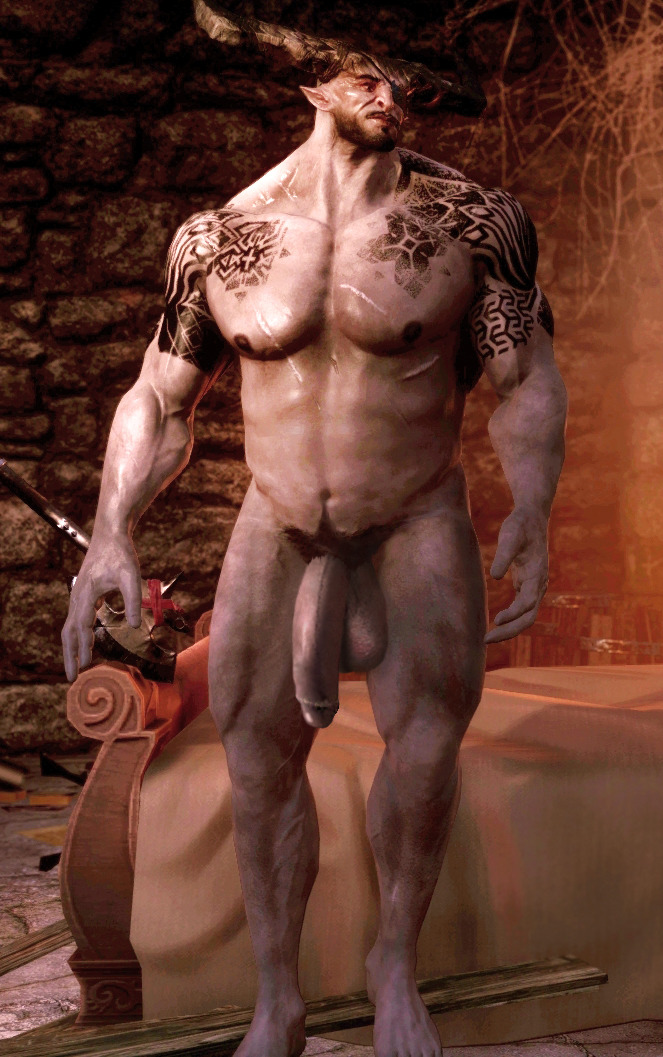 3d, 3d (artwork), balls, bara, dragon age, dragon age inquisition, iron bull, male, male only, muscles, navel, penis, pubes, qunari, solo, yaoi