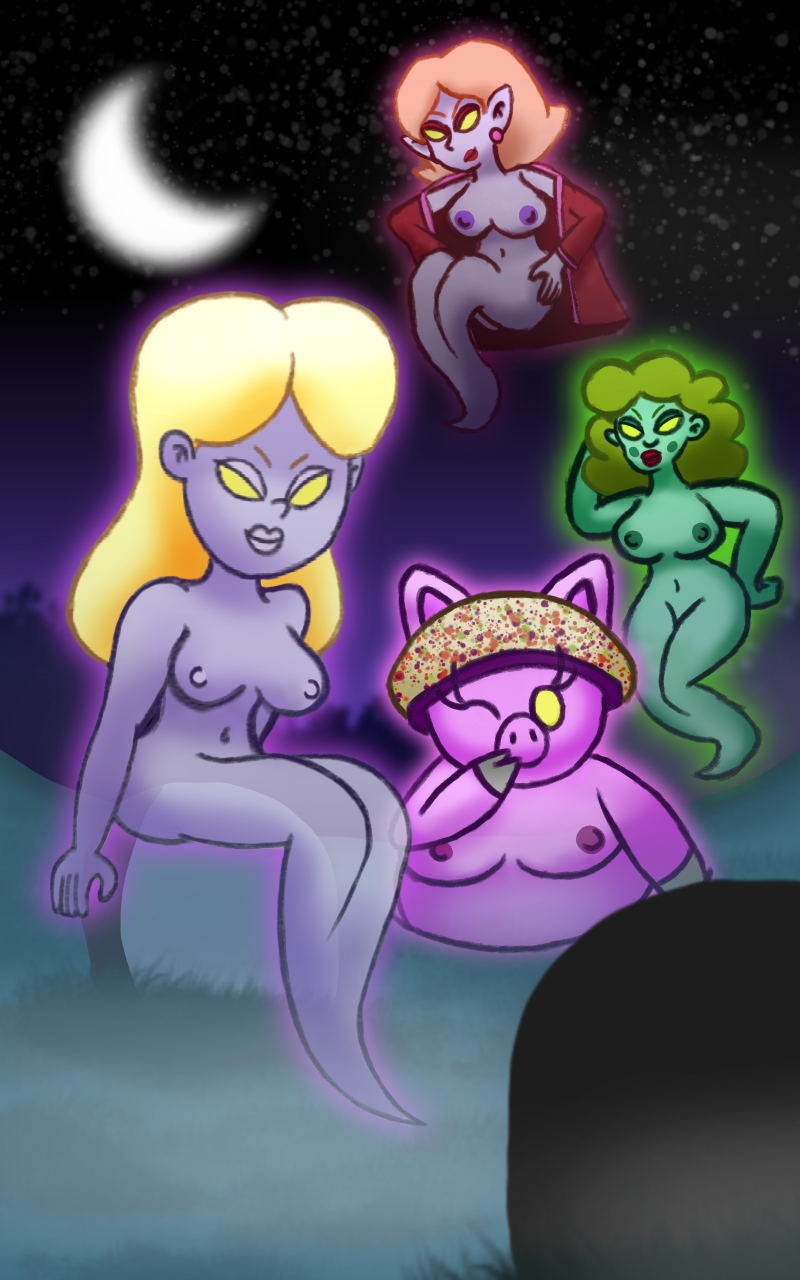 anthro blonde_hair cemetery clothing curled_hair domestic_pig female ghost ghost_tail glowing green_body group hair hi_res humanoid luigi's_mansion lydia_(luigi's_mansion) mammal mario_(series) melody_pianissima miss_petunia naked_dan night nintendo nude_female pink_body purple_body robe spirit suid suina sus_(pig) the_floating_whirlindas through_floor translucent translucent_body yellow_eyes