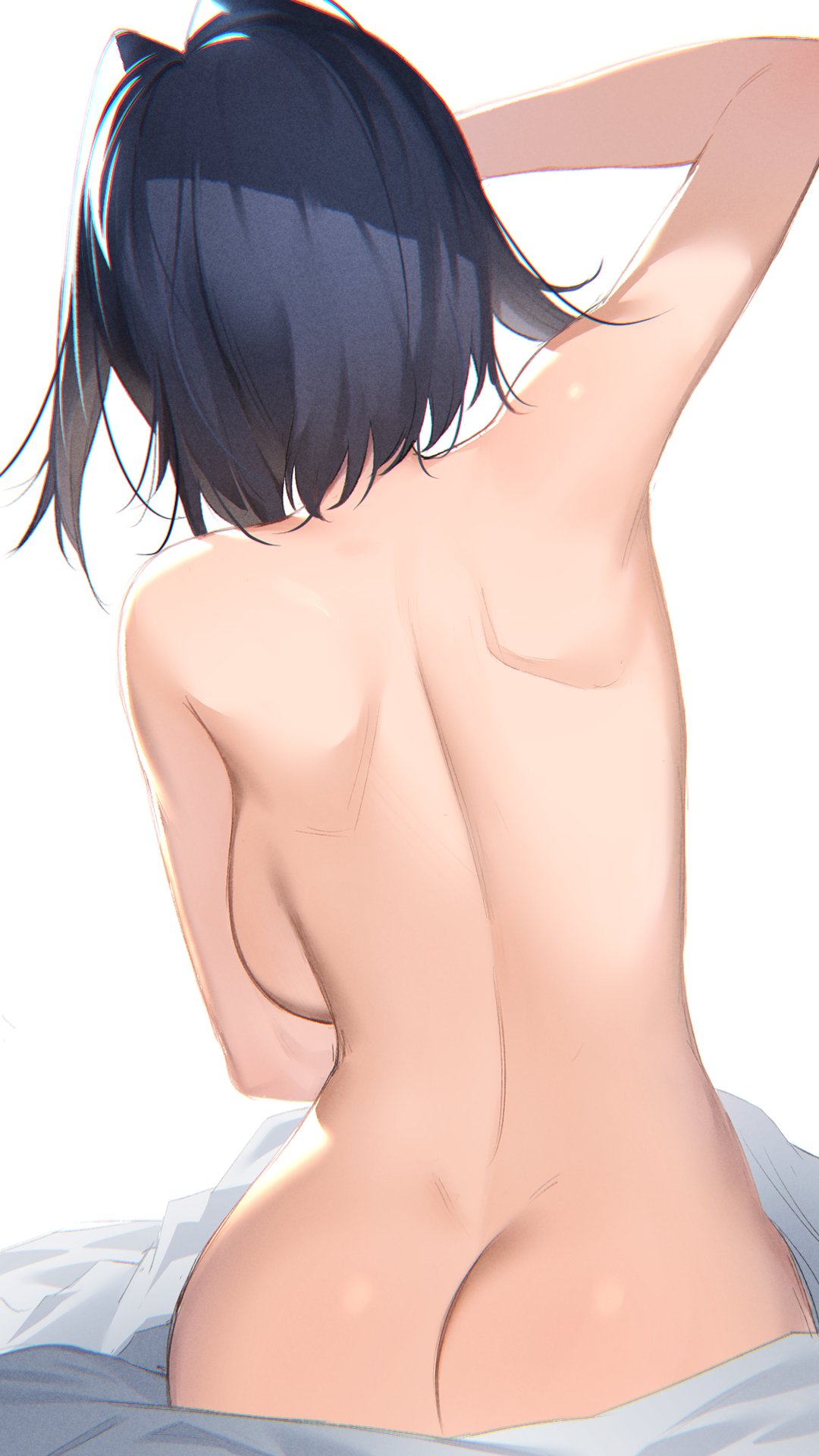 1girls, ass, back, back view, backboob, bingsardina, blue hair, breasts, female, hololive, hololive english, hololive english -council-, hololive english -promise-, naked, ouro kronii, short hair, sideboob, virtual youtuber