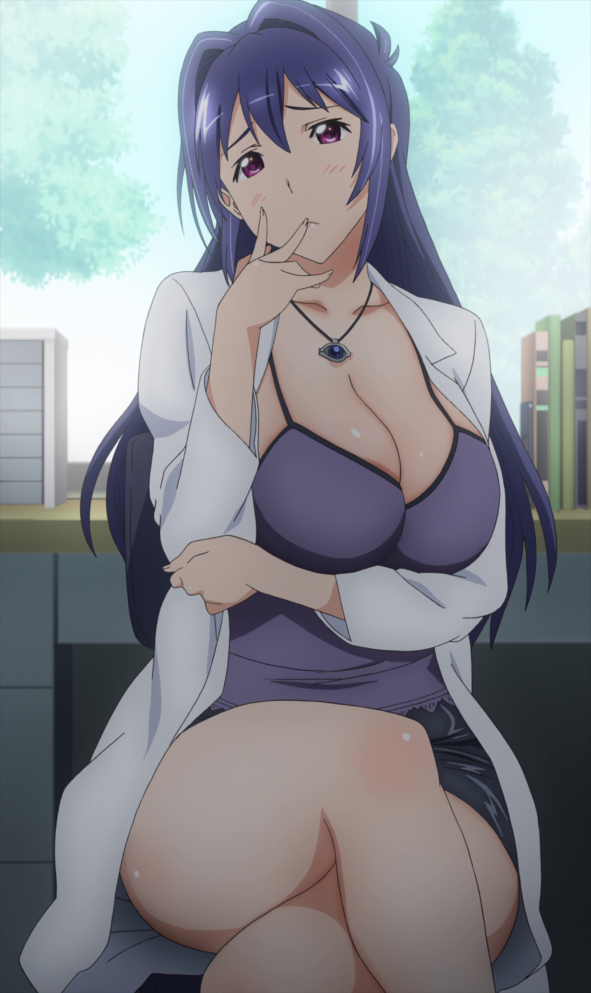 1girls, arm under breasts, blue hair, blush, breasts, chair, cleavage, female, hair between eyes, hair intakes, hand to own mouth, huge breasts, jacket, jewelry, legs, legs crossed, long hair, looking at viewer, maken-ki!, mature female, miniskirt, necklace, nijou aki, nurse, pendant, purple eyes, screencap, screenshot, sitting, skirt, stitched, thighs