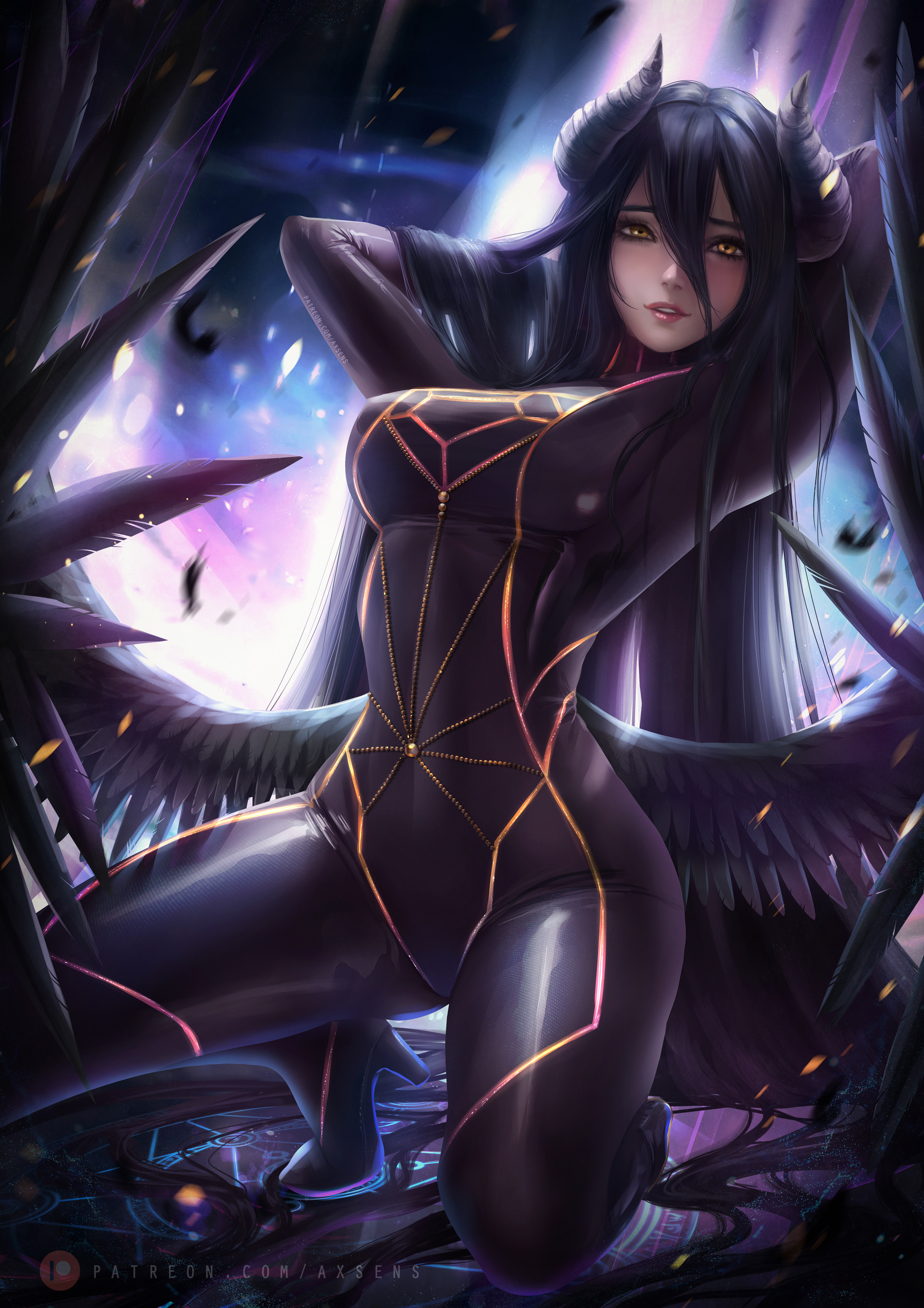1girls, absurdly long hair, albedo (overlord), arms up, axsens, black bodysuit, black feathers, black hair, black wings, blush, bodysuit, demon, feathers, female, female only, hand in hair, hands in hair, heels, horns, long hair, open mouth, overlord (maruyama), pinup, solo, squatting, succubus, tight clothing, tiptoes, wings, yellow eyes
