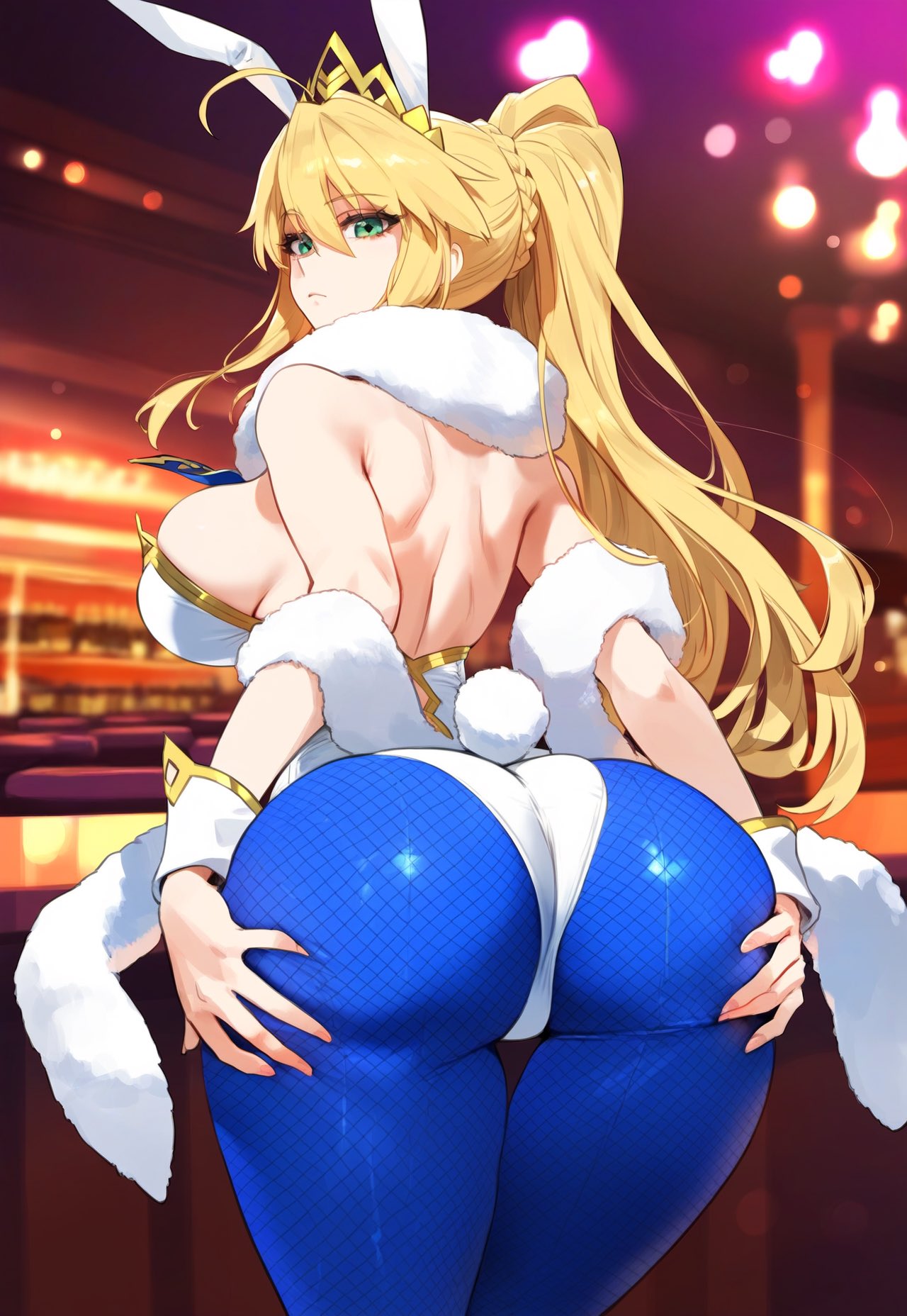 1girls, ai generated, artoria pendragon, artoria pendragon (lancer), artoria pendragon (swimsuit ruler), ass, ass focus, blonde hair, breasts, bunny ears, bunny girl, bunnysuit, fate (series), fate/grand order, female, green eyes, highleg leotard, huge ass, huge breasts, leotard, light skin, light-skinned female, long hair, solo, stable diffusion, thick thighs