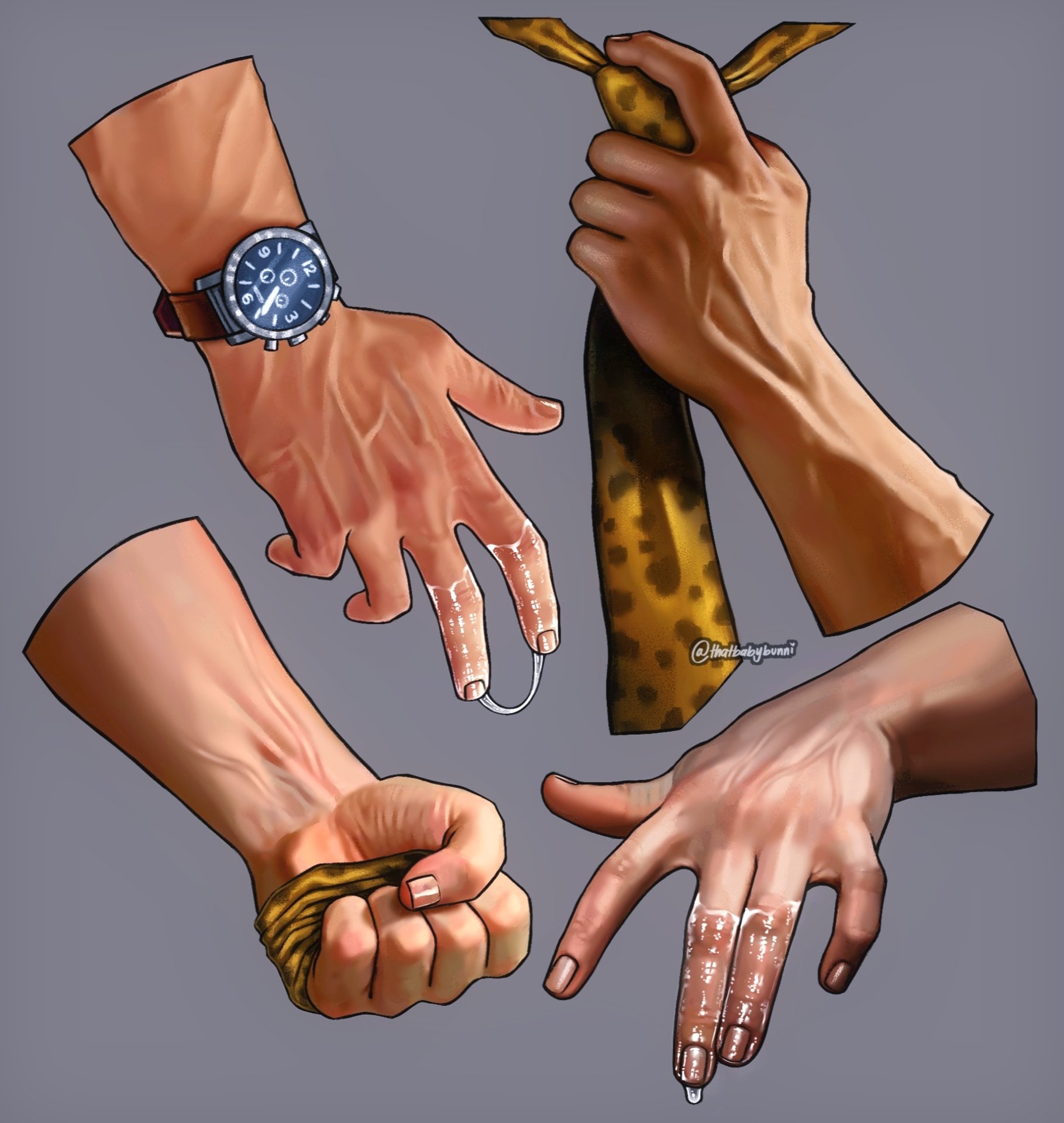 ambiguous fluids, fluids, hand fetish, implied fingering, implied sex, juices, jujutsu kaisen, kento nanami, light skin, light-skinned male, male, male only, realistic, tagme, thatbabybunni, tie, wristwatch