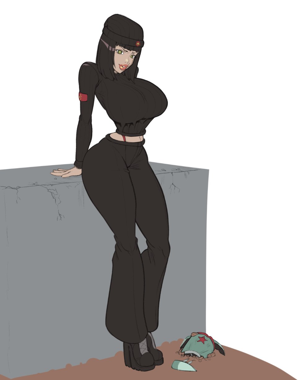 1girls, big lips, bimbo lips, black hair, boots, breasts, female, female only, fully clothed, green eyes, high heel boots, high heels, huge breasts, long legs, looking at viewer, military, military uniform, short hair, solo, the varking, thick lips, thick thighs, wide hips