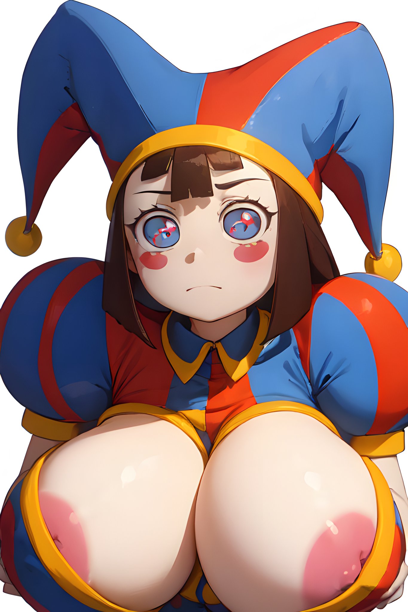 1girls, ai generated, big breasts, boob window, breasts, brown hair, cleavage, female, female only, glitch productions, gooseworx, huge breasts, jester, jester costume, jester hat, jester outfit, multicolored eyes, nipple bulge, pomni (the amazing digital circus), short hair, solo, solo female, the amazing digital circus