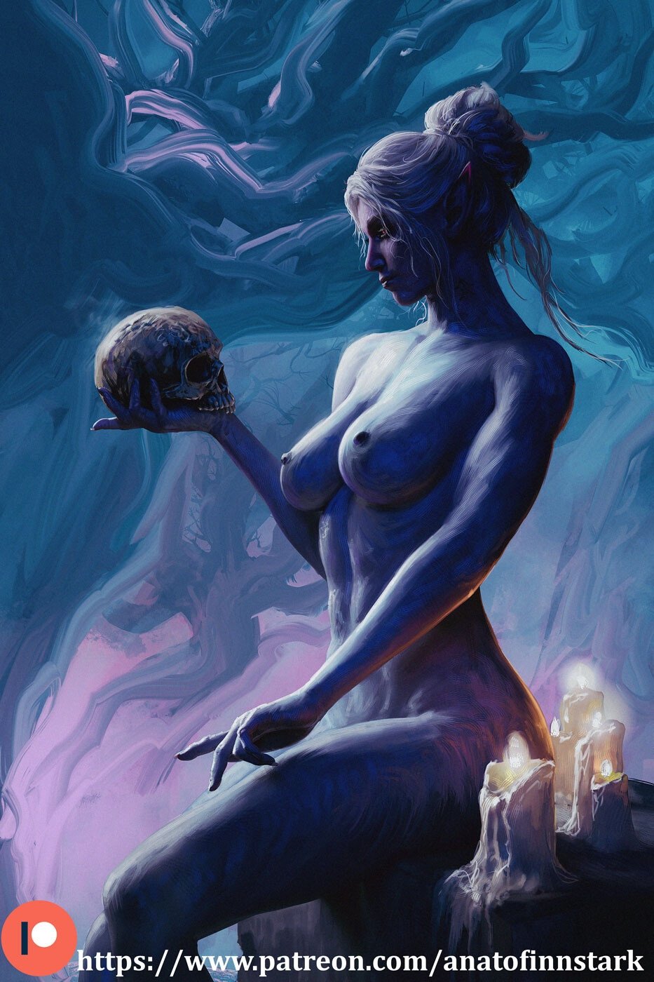 1girls anato_finnstark baldur's_gate baldur's_gate_3 breasts candle candles drow dungeons_and_dragons elf elf_ears elf_female female female_only forgotten_realms minthara nipples nude nude_female pointy_ears sitting skull solo solo_female white_hair