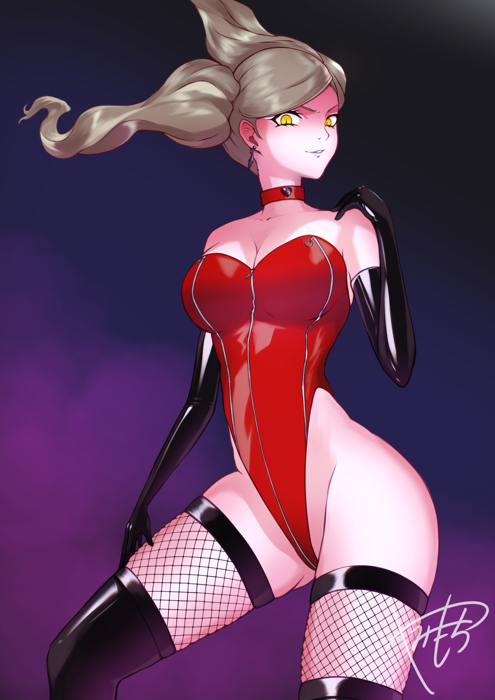 ann_takamaki brainwashing corruption enemy_conversion highleg highleg_leotard large_ass large_breasts leotard mind_control persona persona_5 persona_5:_dancing_star_night slit_pupils thick_thighs thighhighs wide_hips yamimochi