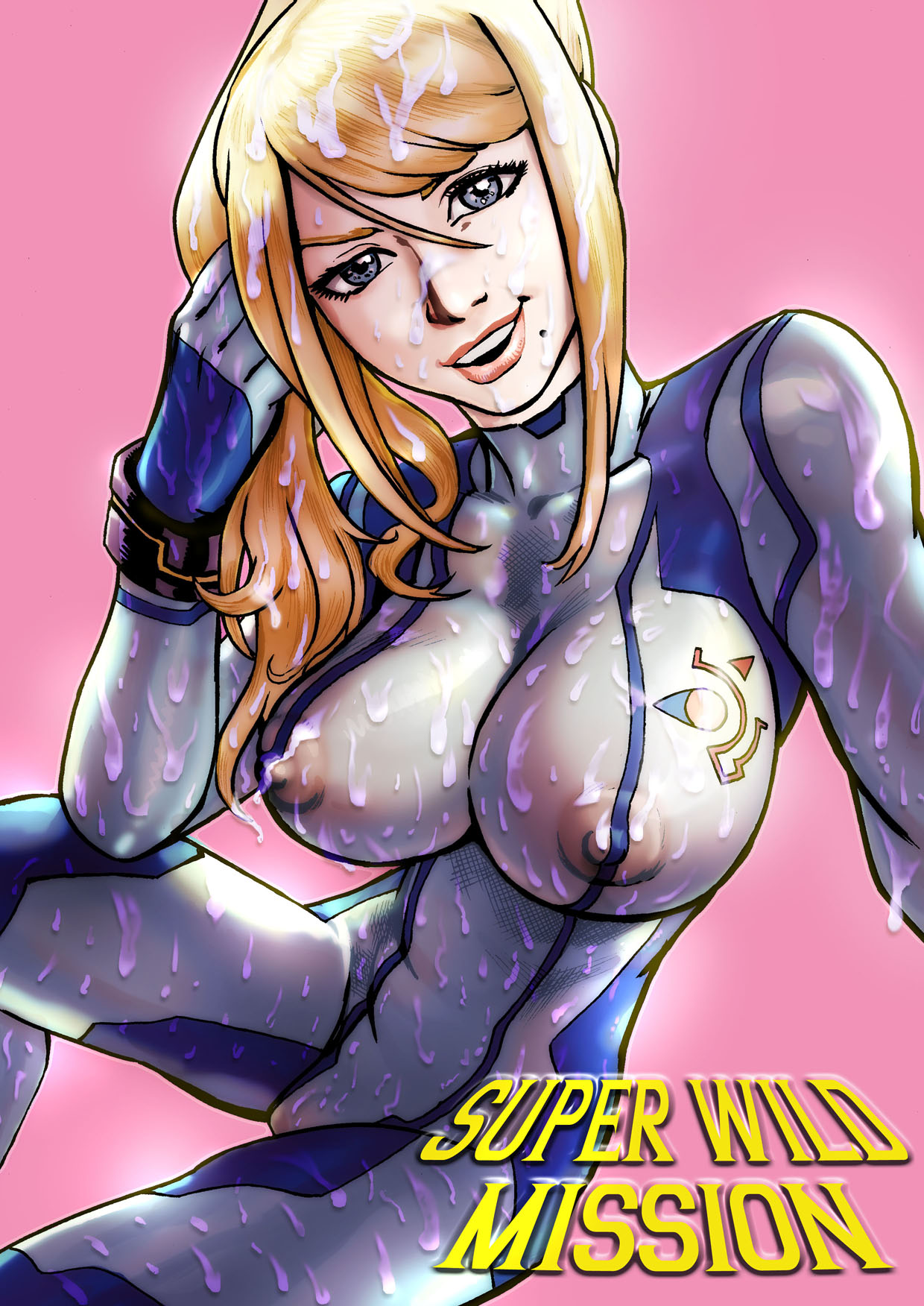 beauty_mark big_breasts blonde_hair blue_eyes bodysuit book_cover breasts busty cover cum cum_on_body hair_between_eyes large_breasts lipstick metroid mole_under_mouth nintendo nipples nipples_visible_through_clothing ponytail saikyo3b samus_aran see-through skimpy skimpy_clothes skin_tight zero_suit zero_suit_samus