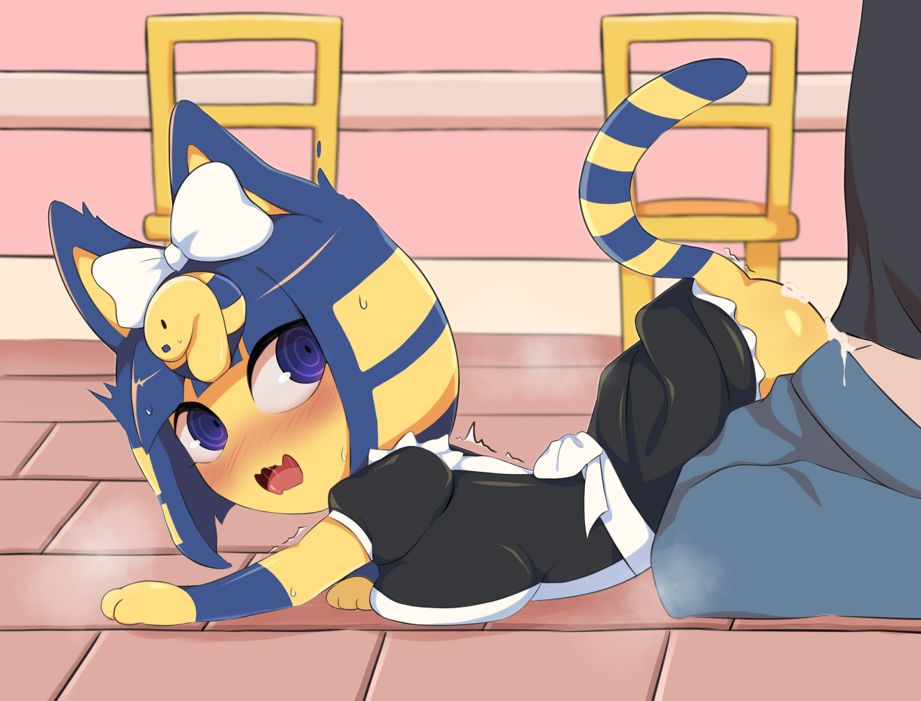 100naru, ambiguous penetration, animal crossing, ankha, ankha (animal crossing), anthro, artist request, ass, bodily fluids, clothing, cum, cum inside, cum on ass, cum on butt, domestic cat, duo, felid, feline, felis, female, genital fluids, looking back, maid uniform, mammal, nintendo, on ground, penetration, uniform, unknown artist