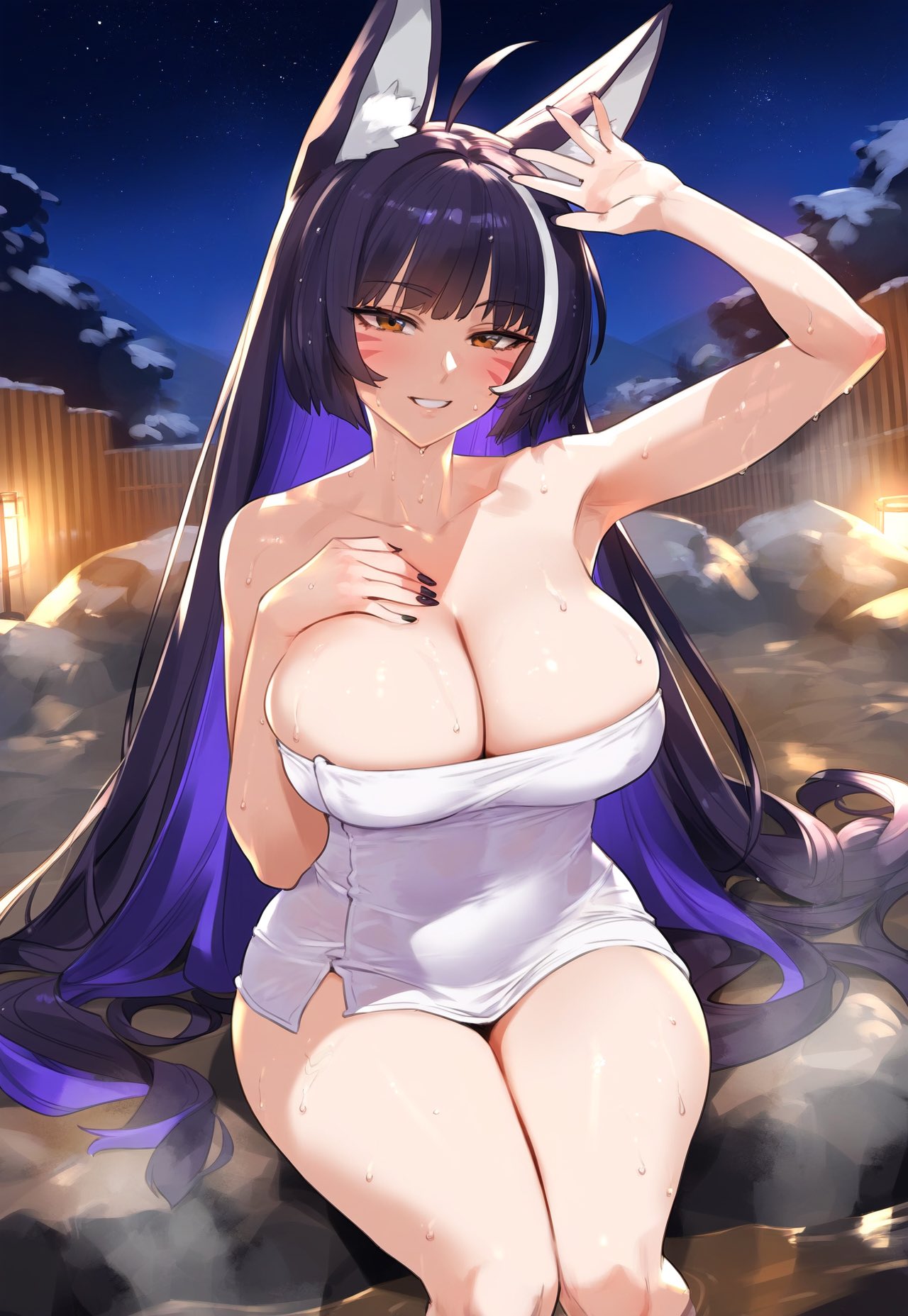 1girls, ai generated, ass, azur lane, breasts, female, fox ears, fox girl, hot spring, huge ass, huge breasts, kitsune, light skin, light-skinned female, long hair, musashi (azur lane), onsen, purple hair, stable diffusion, thick thighs, towel, towel only, wide hips, yellow eyes