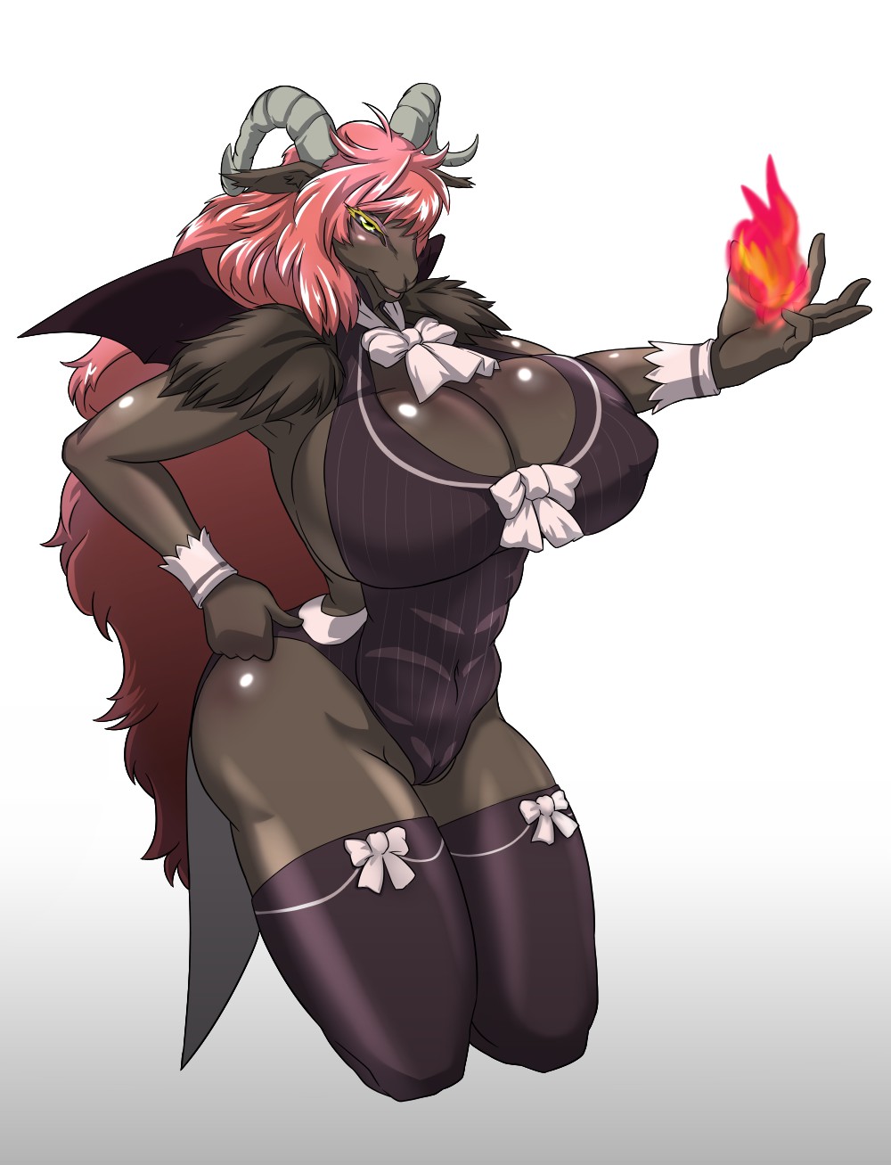 2014 anthro baneroku baphomet_(deity) baphomet_(species) big_breasts bovid breasts cameltoe caprine caprine_demon clothing deity demon female fire goat hair hi_res horn horns kemono legwear long_hair magic_user mammal membrane_(anatomy) membranous_wings partially_visible_vulva pink_hair solo stockings toes wings yellow_eyes