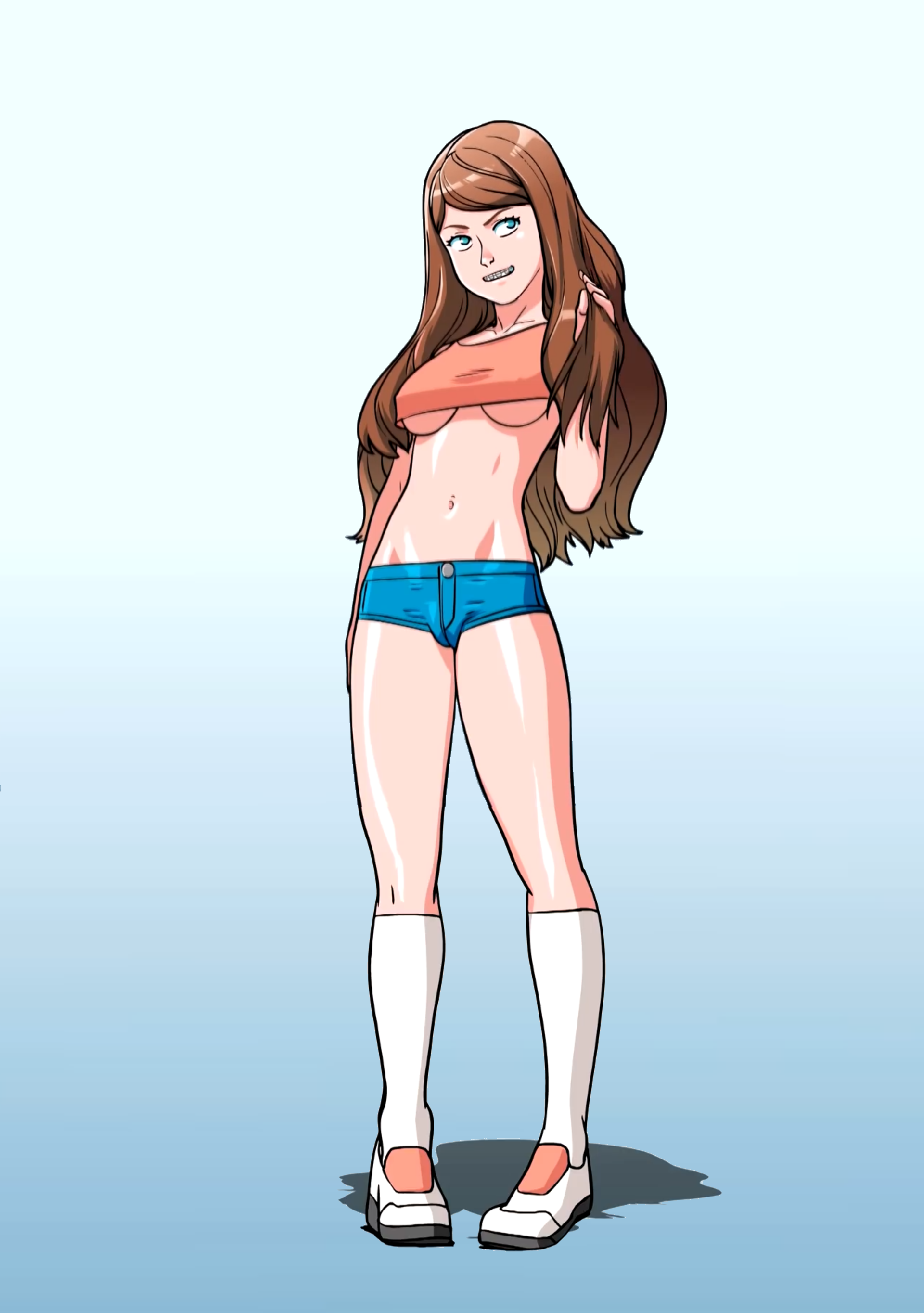 blue eyes, braces, breasts, brown hair, clothing, cute, female, hand in hair, knee socks, kneehighs, kneesocks, legs together, long hair, original, pigeon toed, pigeon-toed, shoes, short shorts, smile, socks, socks and shoes, solo, solo female, tammy (tekuho), teenager, tekuho, underboob, white socks