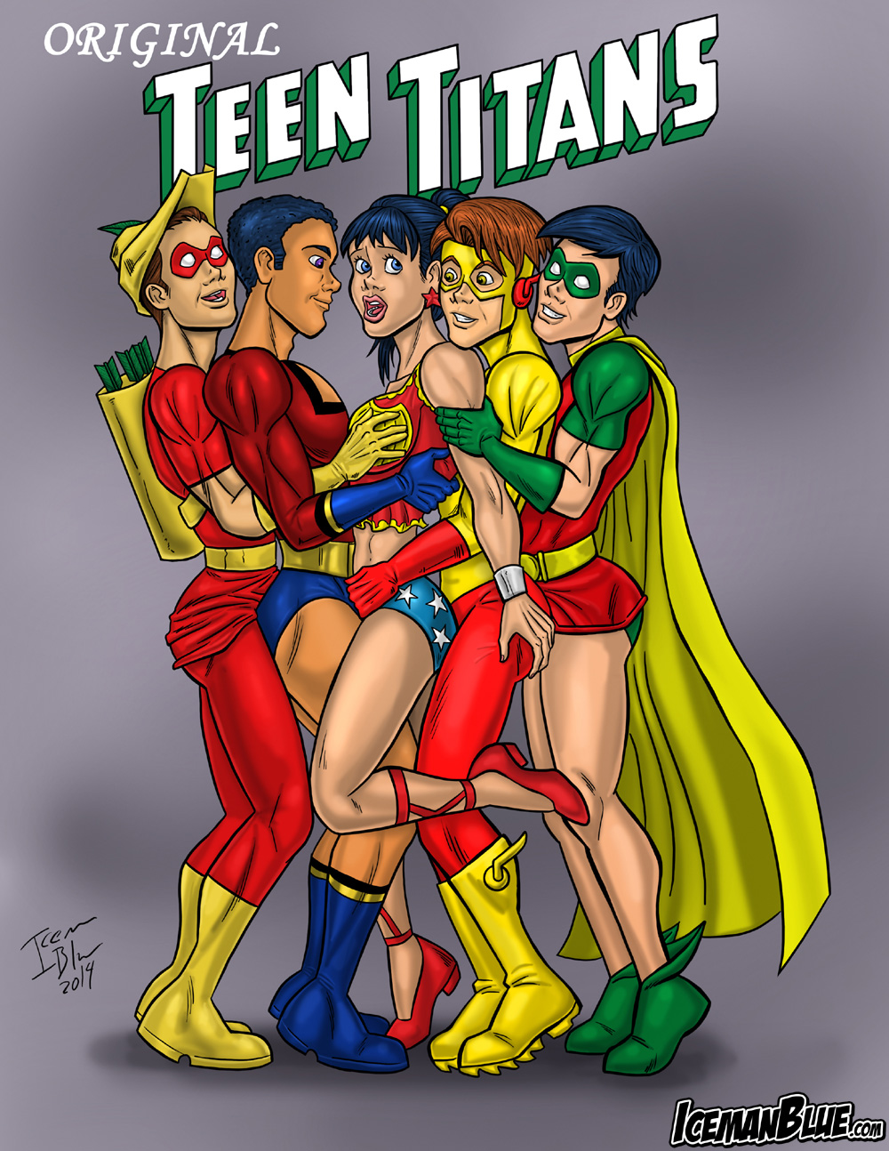 2014 4boys aqualad aquaman_(series) arm_grab ass_grab batman_(series) biceps black_hair blue_eyes boots breast_grab breasts breasts_grab brown_hair busty cape comic cover crop_top dc dc_comics dick_grayson donna_troy earrings green_arrow_(series) grope groping group hat icemanblue imminent_gangbang imminent_sex kid_flash male mask muscle_tone penis_bulge robin_(dc) robin_(dick_grayson) roy_harper speedy spooning superhero superheroine tagme teen_titans tied_hair wally_west wonder_girl wonder_woman_(series) yellow_eyes