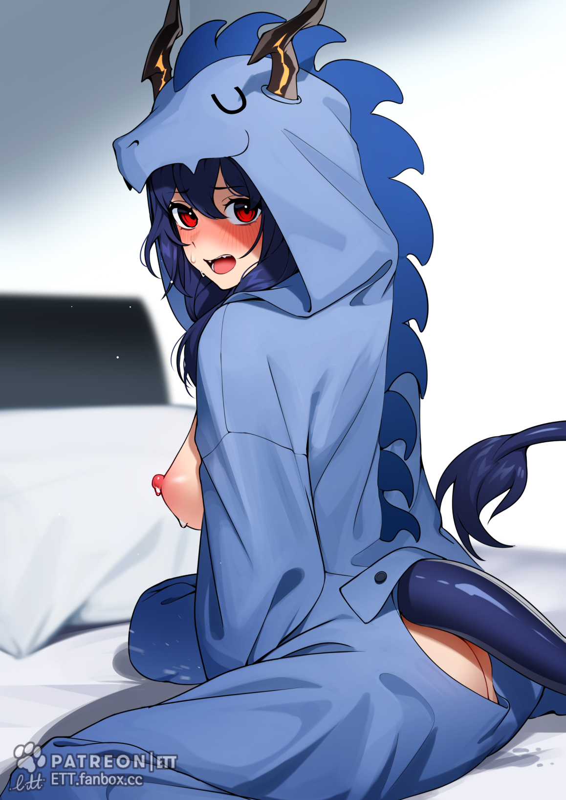 1girls, 2023, arknights, ass, blush, breasts, breasts out, ch'en (arknights), dragon girl, dragon horns, dragon tail, embarrassed, ett, female, hi res, hoodie, light skin, light-skinned female, looking at viewer, looking back, nipples, pajamas, red eyes, sitting, solo, surprised, tail