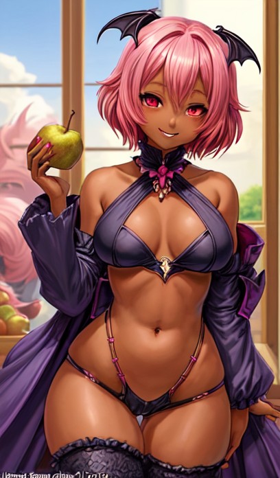 ai_generated apple big_ass blackwashed bra dark_skinned_female darkstalkers ebonization head_wings huge_hips lilith_aensland panties pear_shape pink_hair race_swap_fetish short_hair small_boobs small_breasts stockings succubus thick_thighs wide_hips