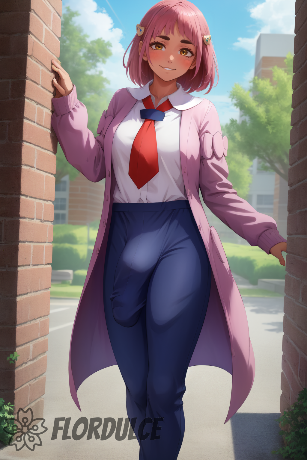 ai_generated blue_pants bulge bulge_through_clothing coat covered_penis flordulce futa_only futanari hair_ornament lacey_(pokemon) large_bulge necktie outdoors pants penis pink_coat pink_hair pokemon pokemon_sv red_necktie school short_hair smile solo_futa standing teacher white_shirt yellow_eyes