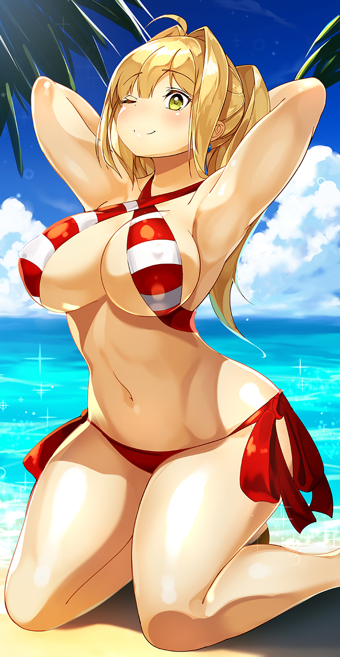 1girls ;) ahoge arms_behind_head arms_up beach big_breasts bikini bikini_bottom bikini_top blonde_hair blue_sky bocas_top breasts cleavage criss-cross_halter cute erect_nipples fate/grand_order fate_(series) female green_eyes hair_intakes halter_top halterneck kneel large_breasts long_hair looking_at_viewer navel nero_claudius_(fate) nipple_bulge ocean one_eye_closed outside red_bikini side-tie_bikini smile swimsuit thighs twintails water white_bikini wink
