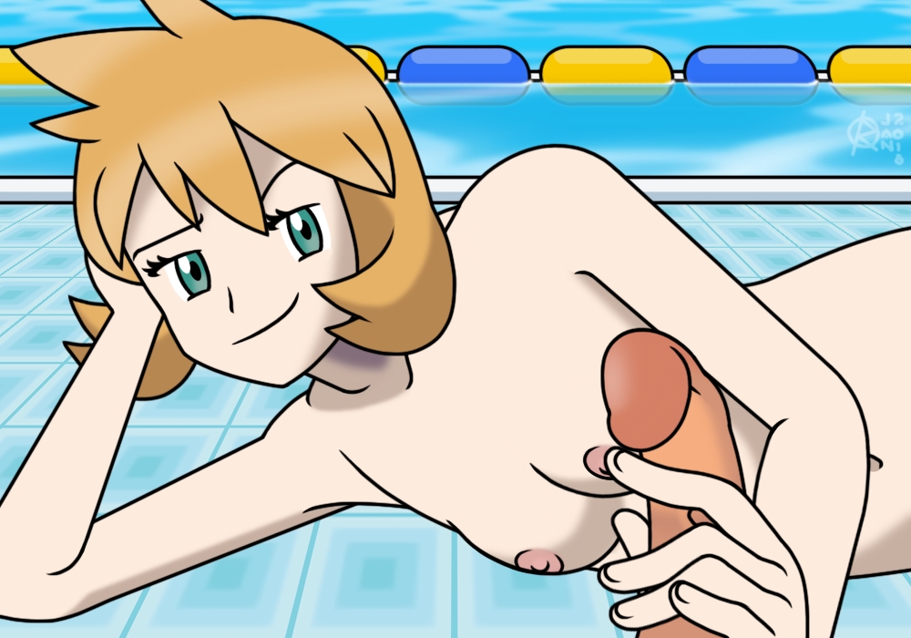 1boy 1girls areolae breasts green_eyes handjob kasumi_(pokemon) looking_at_viewer nintendo nipples nude orange_hair partial_male penis pokemon pokemon_frlg pokemon_rgby ragnar_oktopod seductive small_breasts