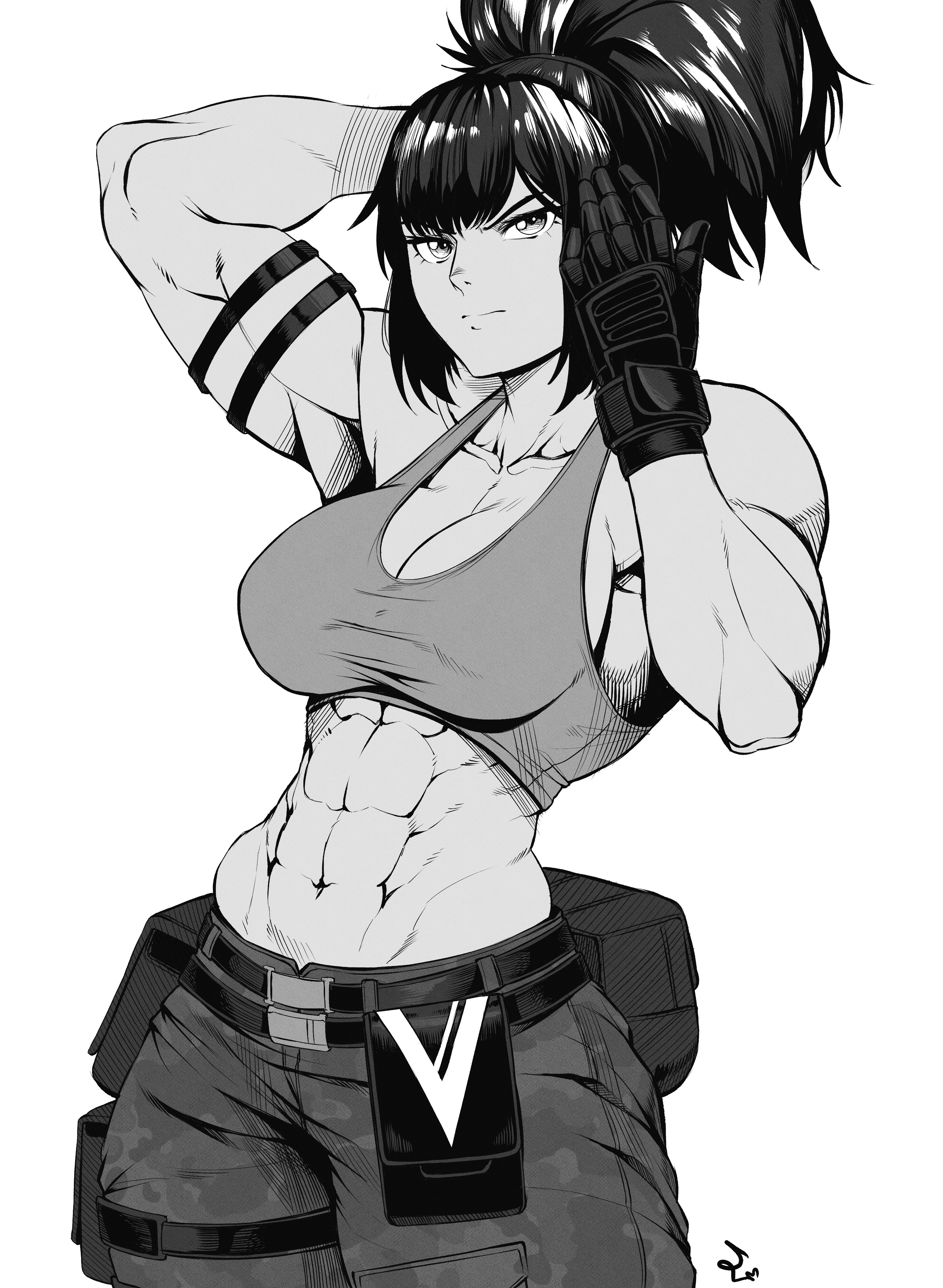 1girls, 2022, arms up, biceps, breasts, cleavage, cowboy shot, female, greyscale, king of fighters, large breasts, leona heidern, looking at viewer, midriff, monochrome, muscular, muscular female, navel, obliques, ponytail, signature, simple background, snk, solo, speedl00ver, white background
