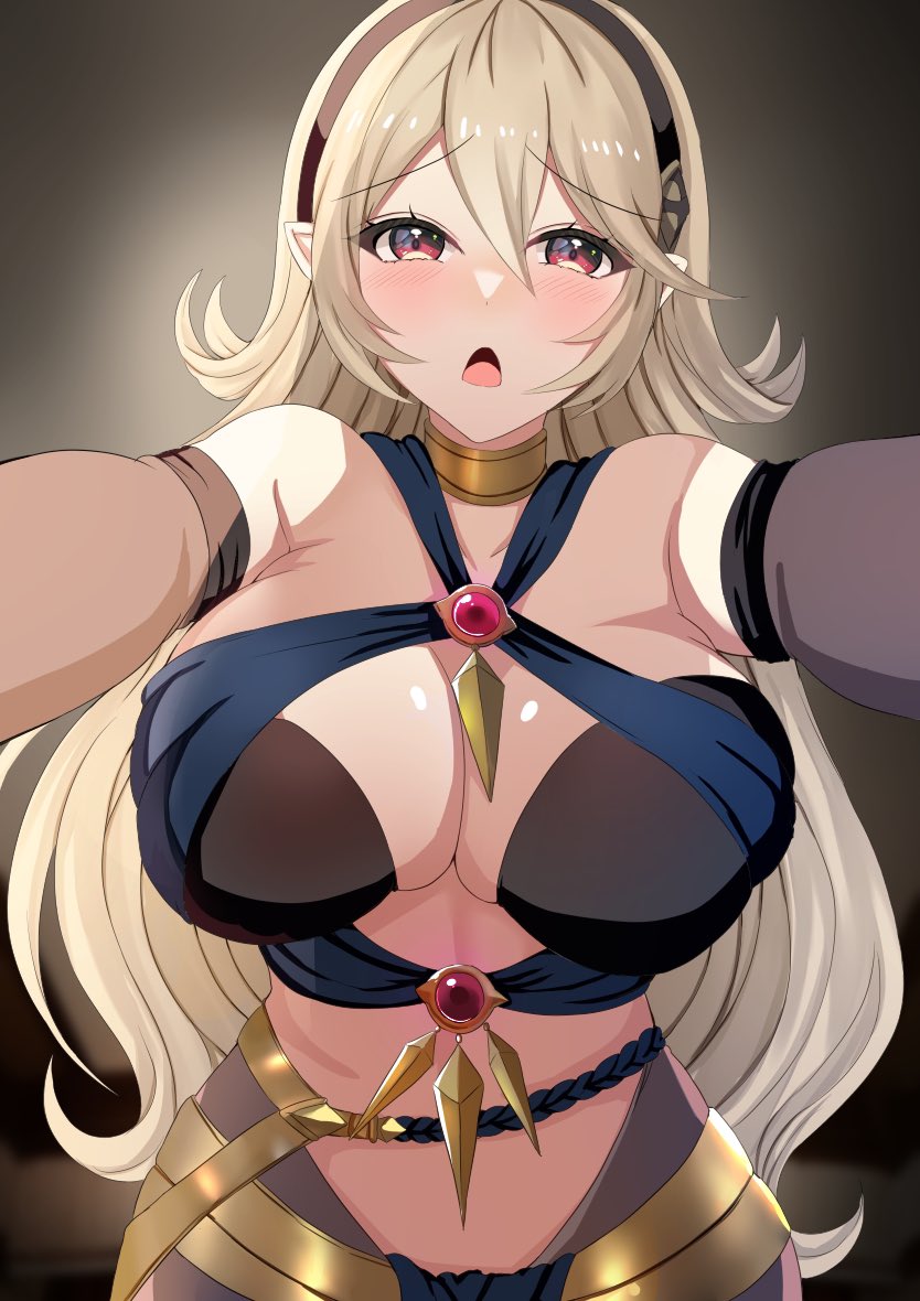 1girls alternate_costume bare_midriff blonde_hair breasts cleavage corrin_(fire_emblem) corrin_(fire_emblem)_(female) cosplay dancer dorothea_arnault_(cosplay) dorothea_arnault_(plegian)_(cosplay) female female_only fire_emblem fire_emblem_fates fire_emblem_heroes hair_between_eyes hairband hug incoming_hug indoors large_breasts long_hair looking_at_viewer midriff nintendo open_mouth pelvic_curtain plegian pointy_ears pov_hug reaching_out reaching_towards_viewer solo tara_(szzj7733) very_long_hair