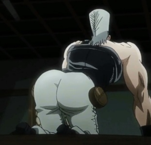 all_fours big_ass black_topwear help jean_pierre_polnareff jojo's_bizarre_adventure male_focus male_only screenshot stardust_crusaders thick_ass white_pants