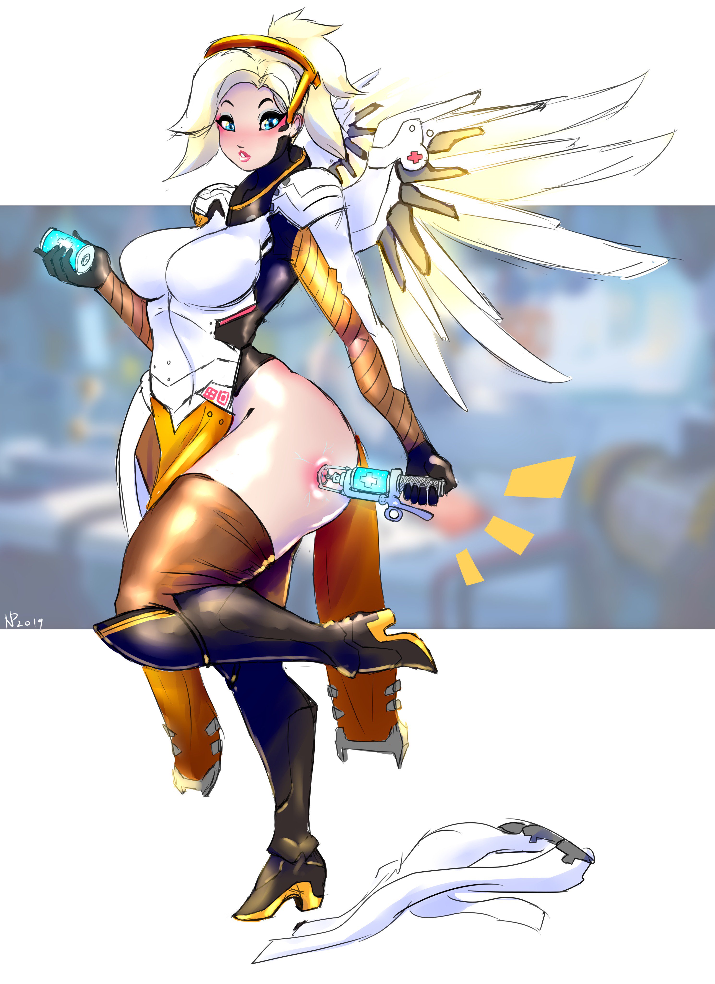 1girls, blizzard entertainment, breast expansion, breast growth, breast growth (enlargement), breasts, clothed, clothing, female, female only, gausscannon, high heels, huge breasts, large breasts, leg up, looking at viewer, mercy, overwatch, simple background, skimpy, solo, syringe, thick thighs, thighhighs, thighs, wings